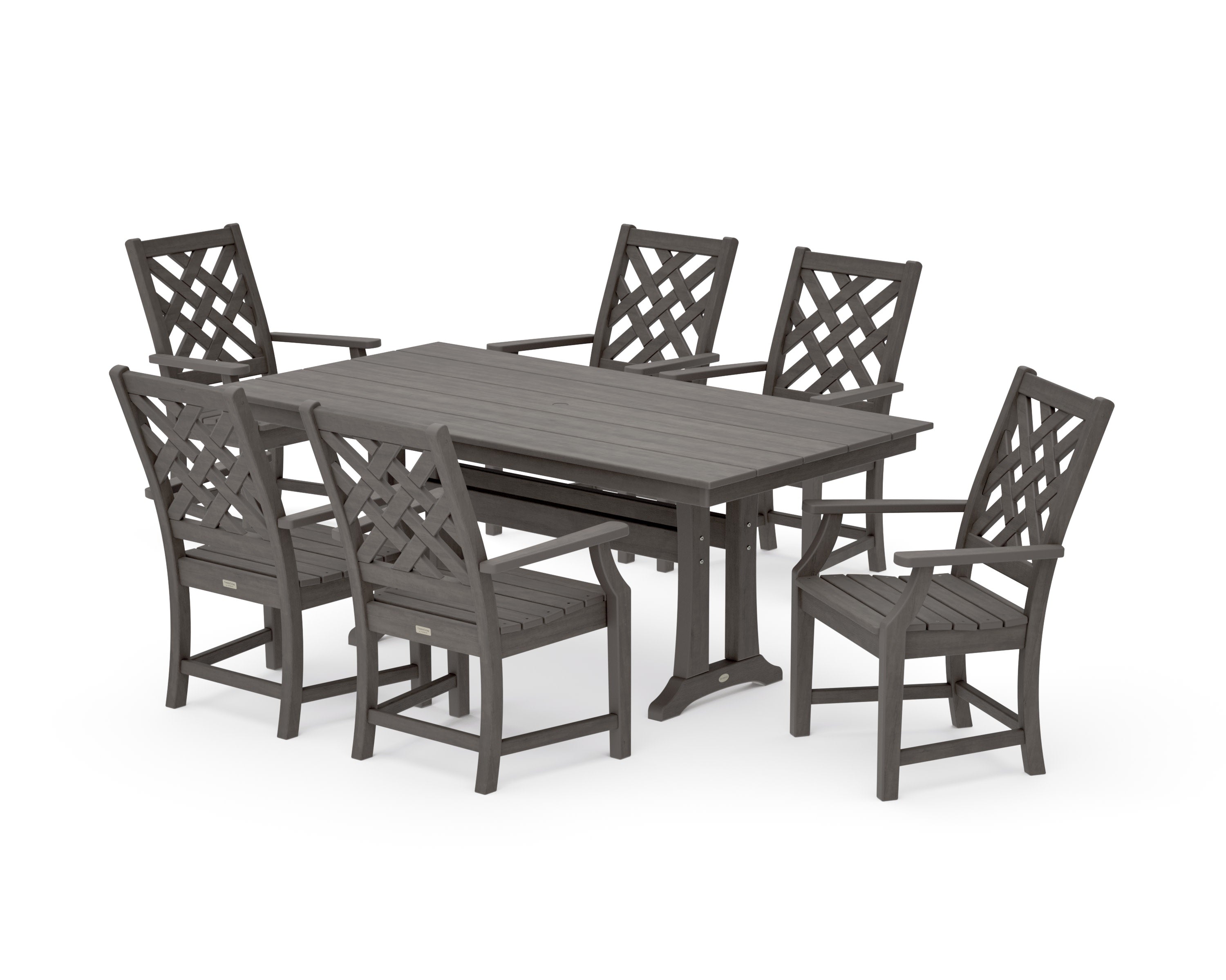 Wovendale Arm Chair 7-Piece Farmhouse Dining Set with Trestle Legs in Driftwood