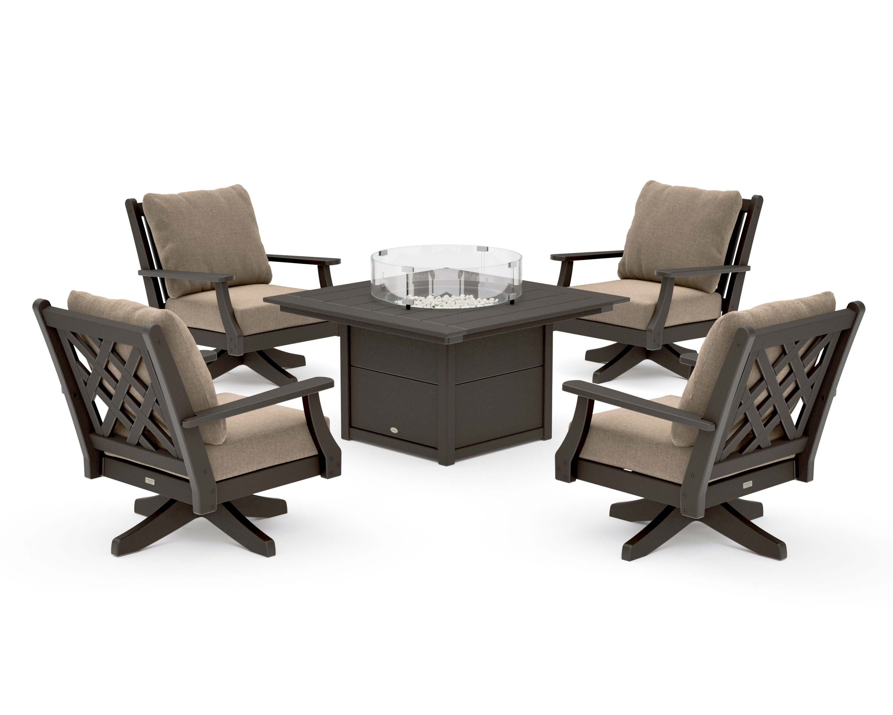 Wovendale 5-Piece Deep Seating Swivel Conversation Set with Fire Pit Table in Vintage Coffee / Spiced Burlap
