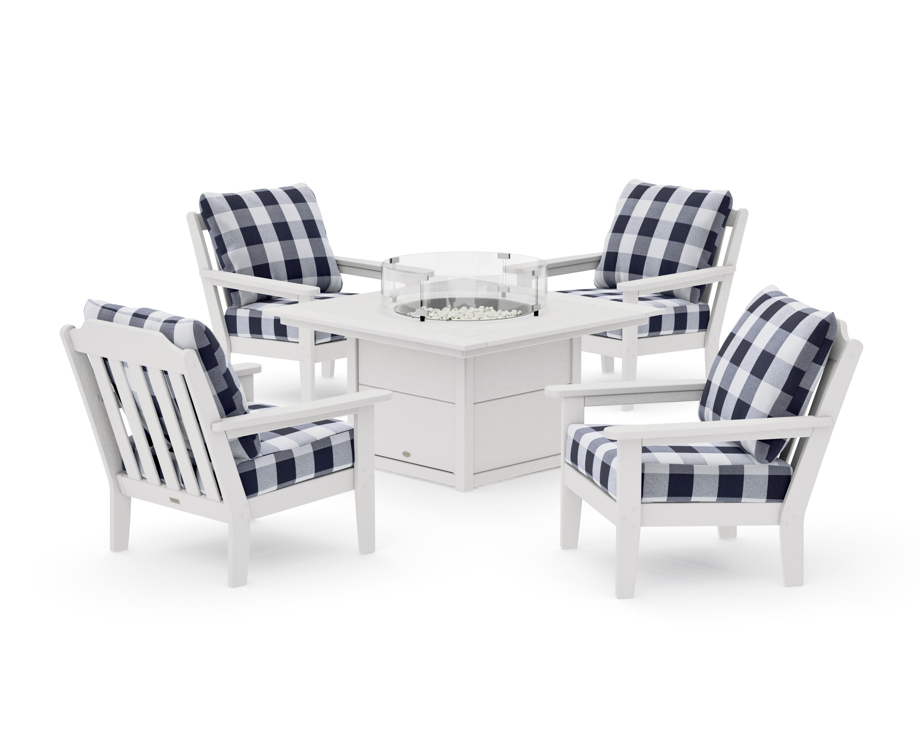 Cottage 5-Piece Deep Seating Set with Fire Pit Table in Vintage White / Buffalo Plaid Navy