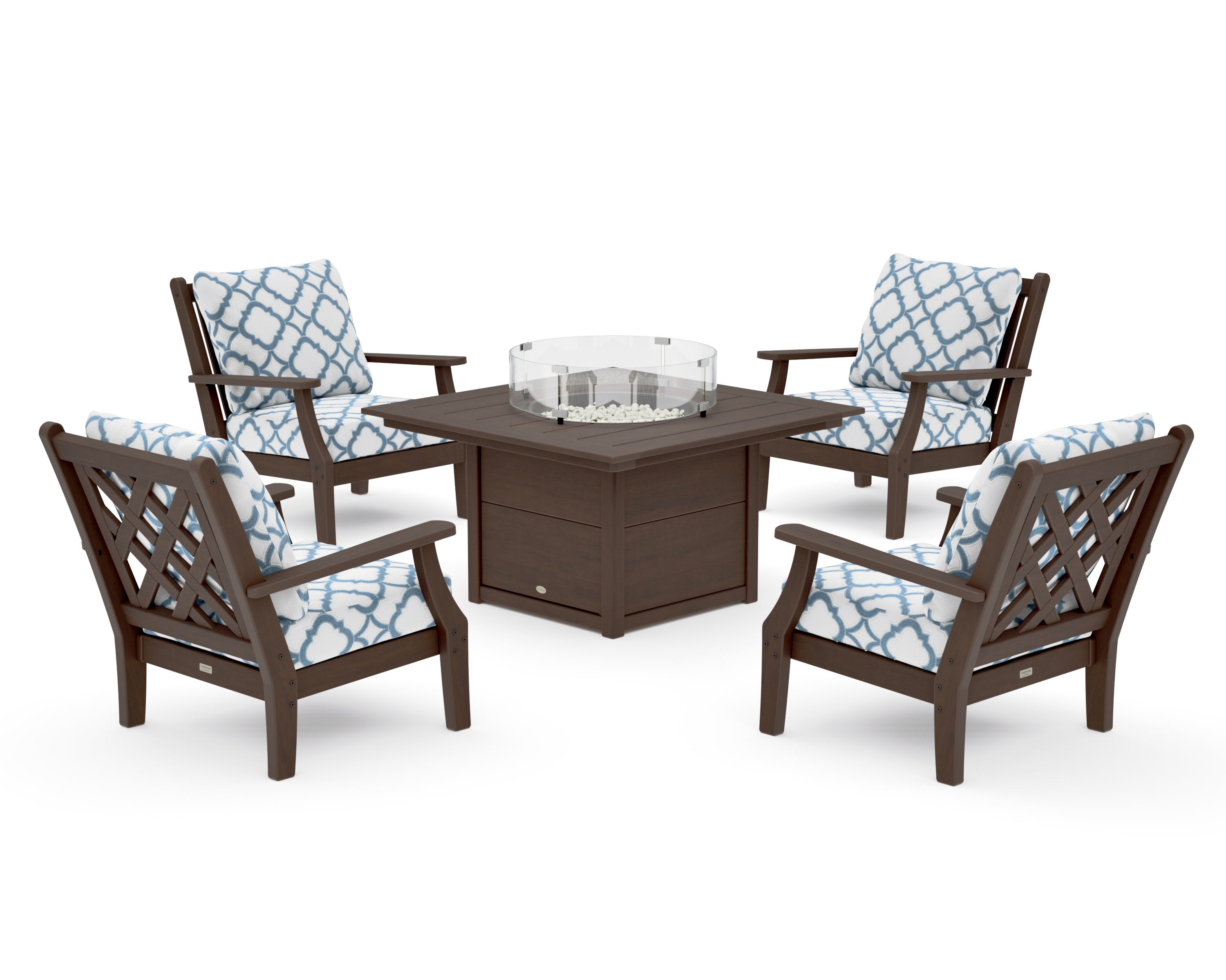 Wovendale 5-Piece Deep Seating Set with Fire Pit Table in Kona / Trellis Sky Blue