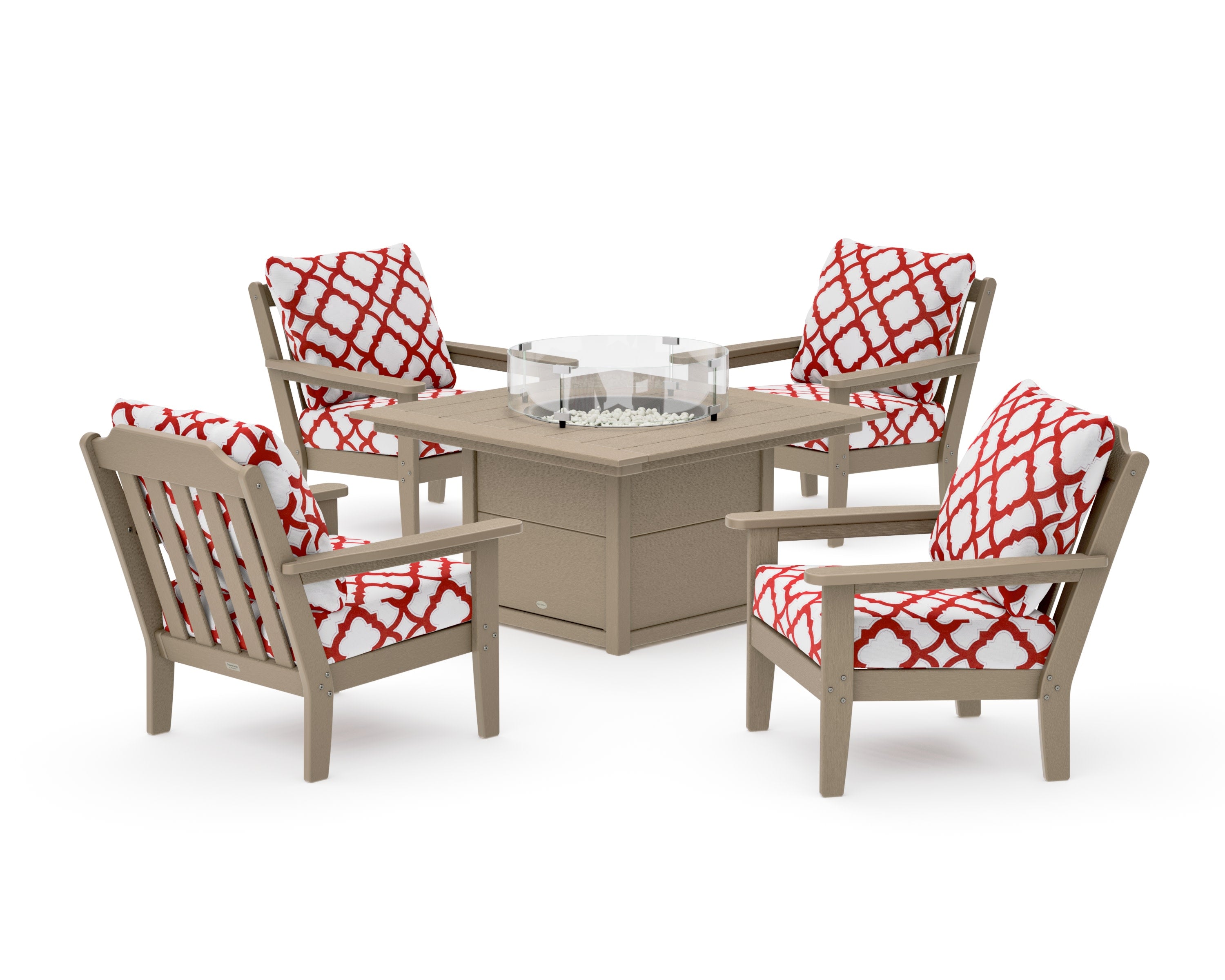 Cottage 5-Piece Deep Seating Set with Fire Pit Table in Vintage Sahara / Trellis Crimson