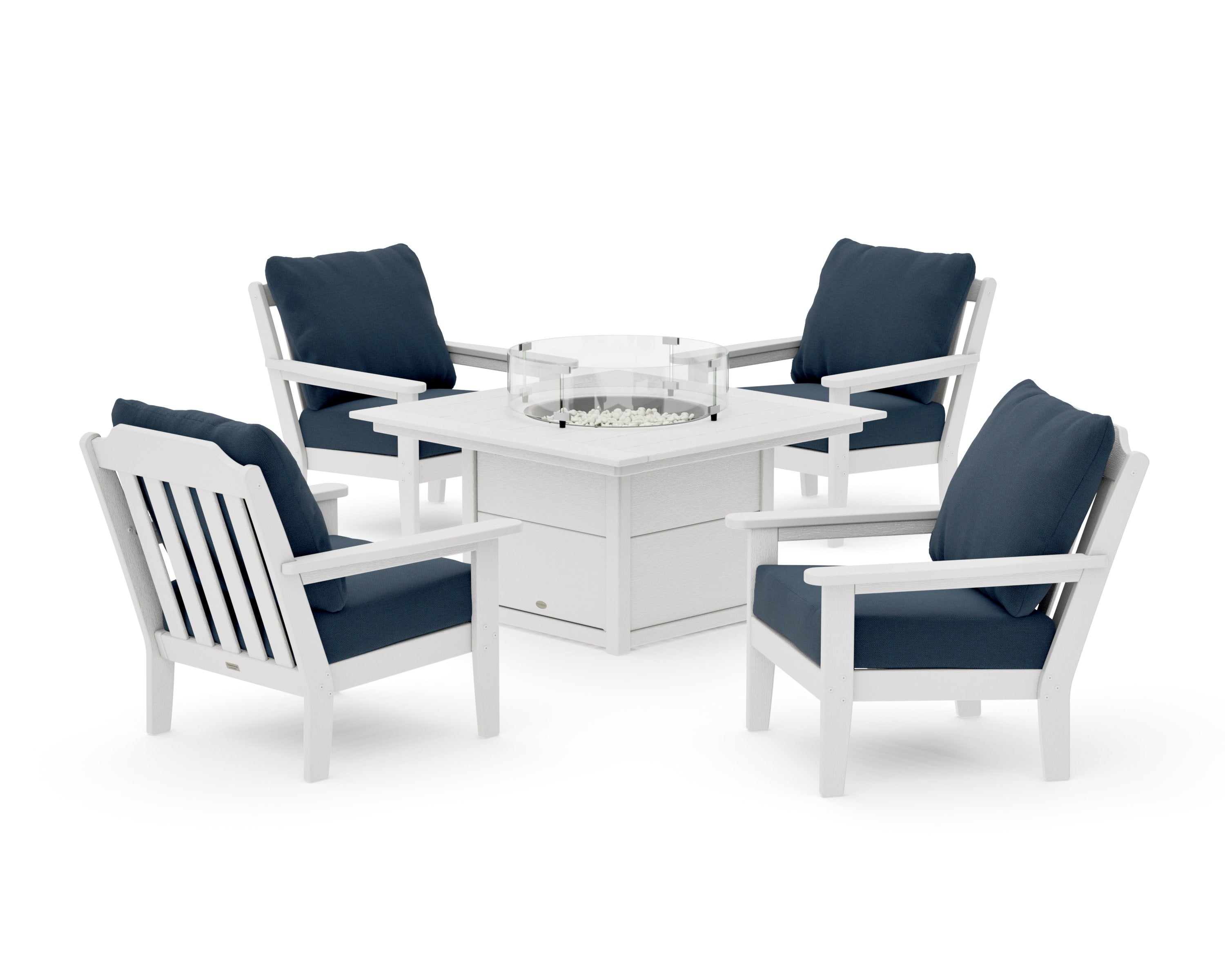 Cottage 5-Piece Deep Seating Set with Fire Pit Table in Vintage White / Marine Indigo