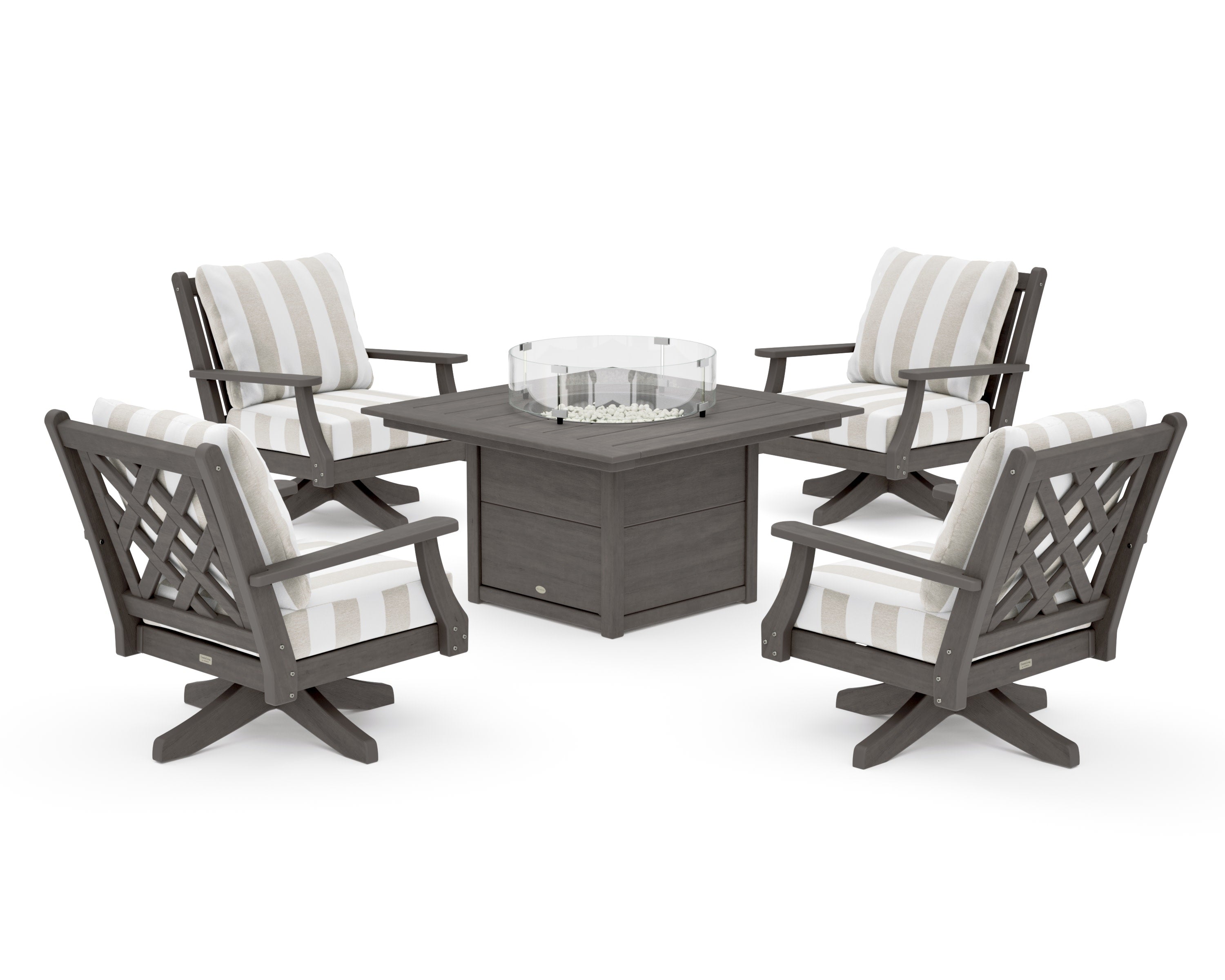 Wovendale 5-Piece Deep Seating Swivel Conversation Set with Fire Pit Table in Driftwood / Cabana Stripe Dune Burlap