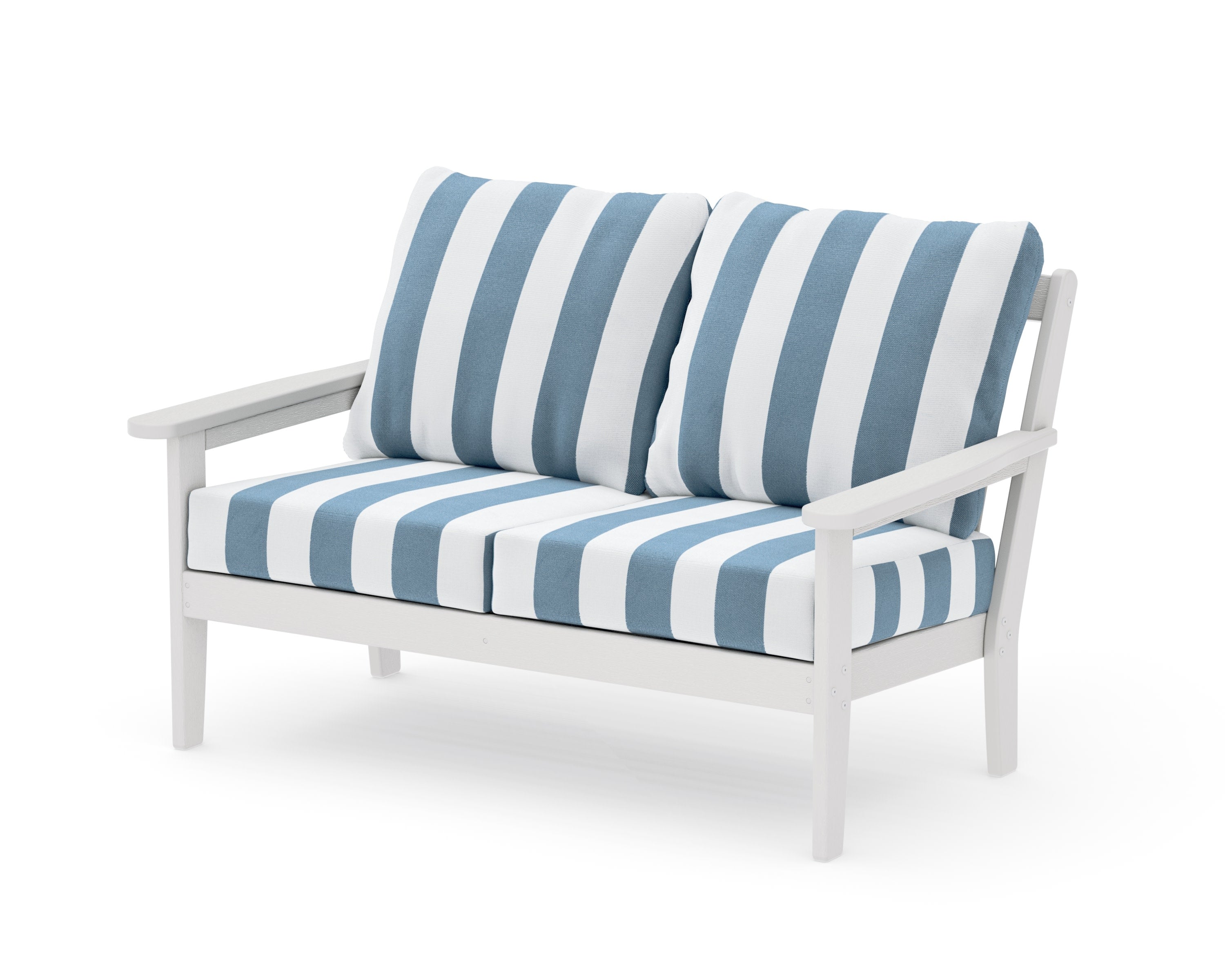 Cottage Deep Seating Loveseat in Vintage White / Cabana Stripe Sky Blue
