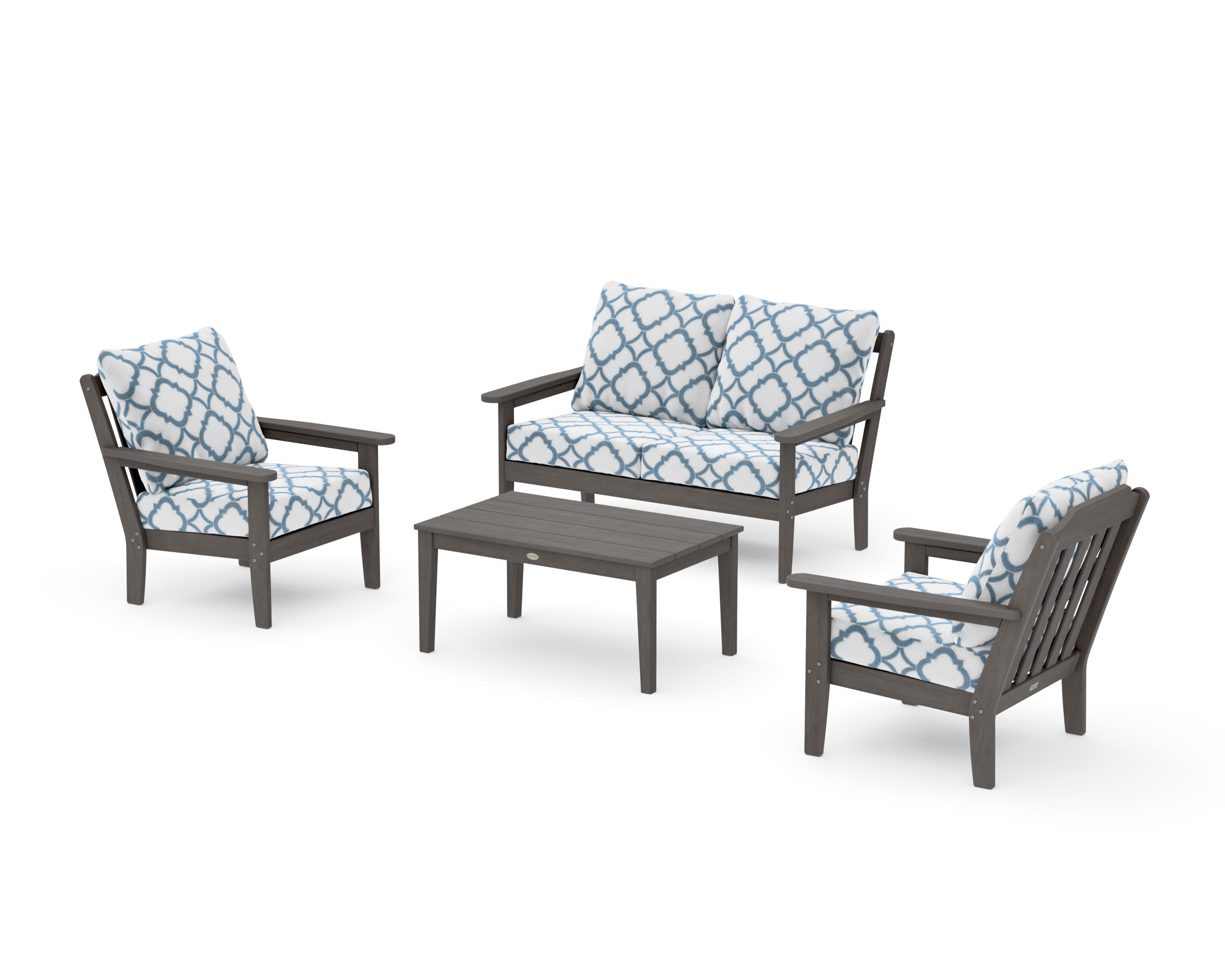 Cottage 4-Piece Deep Seating Set with Loveseat in Driftwood / Trellis Sky Blue