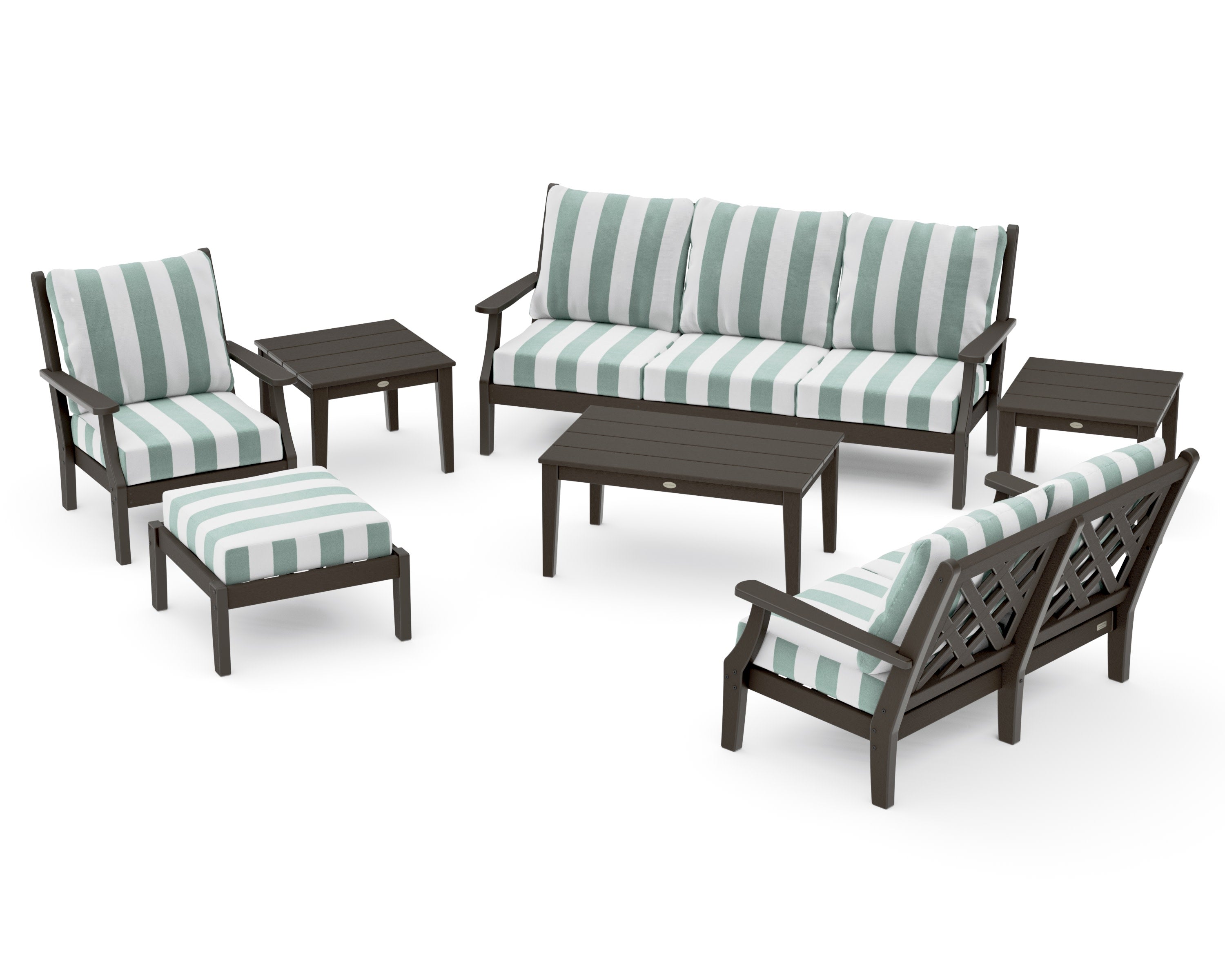 Wovendale 7-Piece Deep Seating Set in Vintage Coffee / Cabana Stripe Glacier Spa