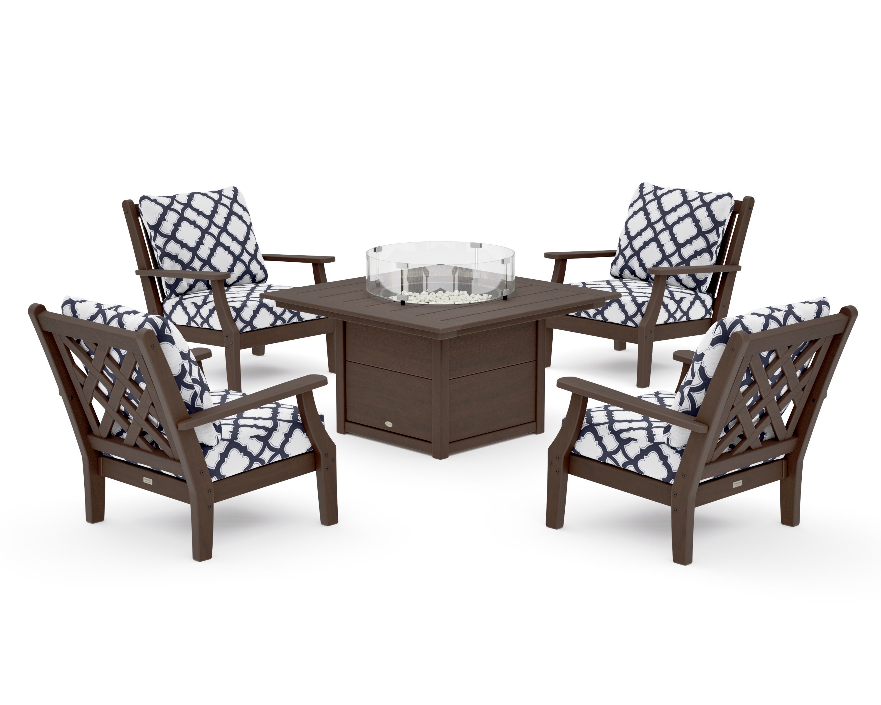 Wovendale 5-Piece Deep Seating Set with Fire Pit Table in Kona / Trellis Navy