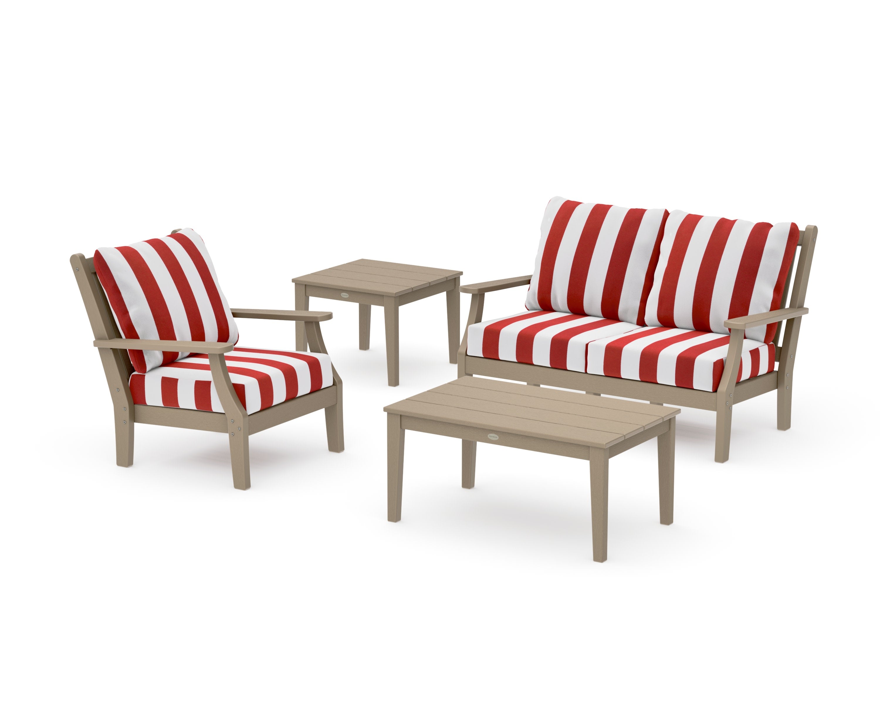 Wovendale 4-Piece Deep Seating Set in Vintage Sahara / Cabana Stripe Crimson