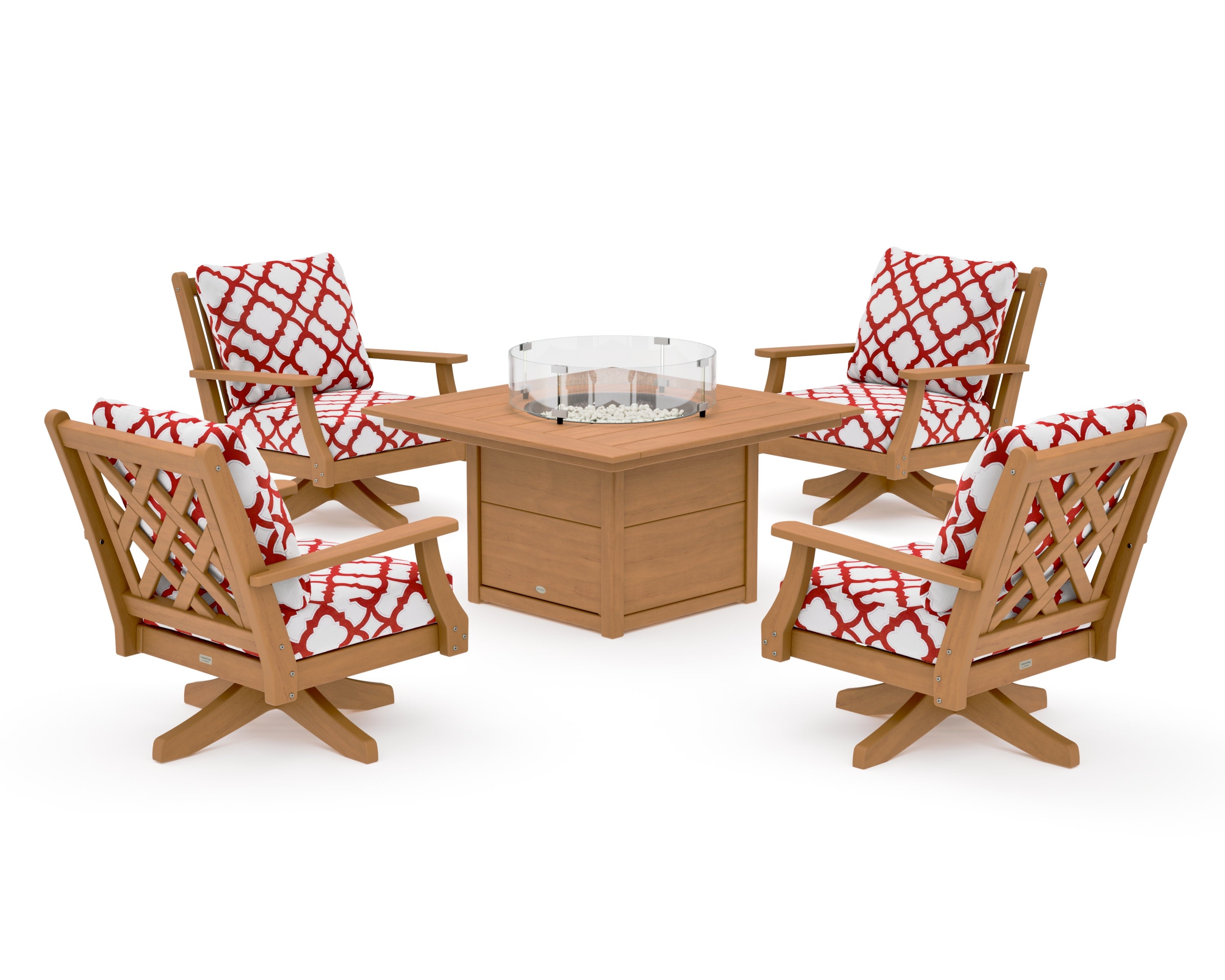 Wovendale 5-Piece Deep Seating Swivel Conversation Set with Fire Pit Table in Natural / Trellis Crimson