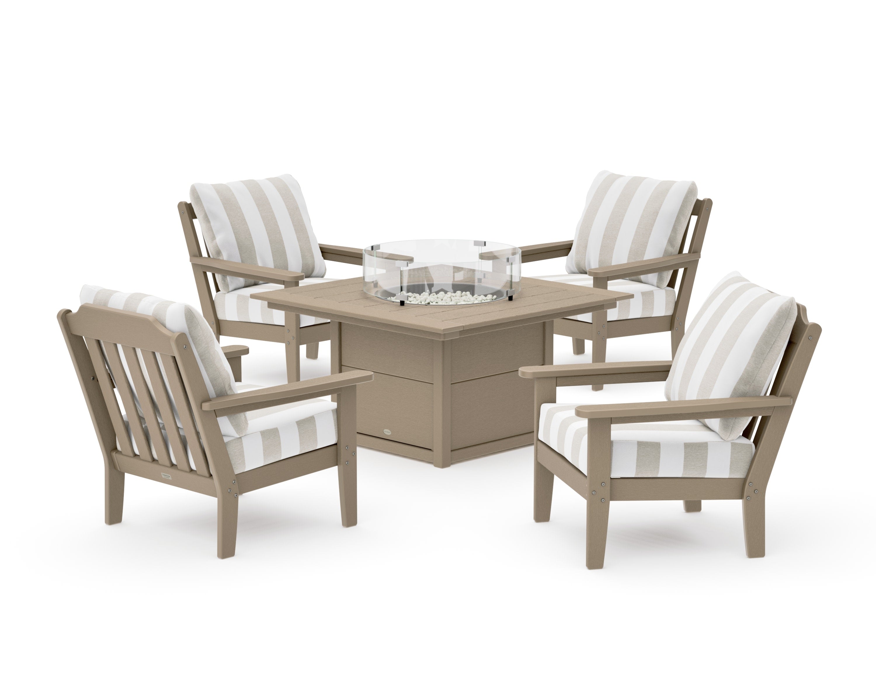 Cottage 5-Piece Deep Seating Set with Fire Pit Table in Vintage Sahara / Cabana Stripe Dune Burlap
