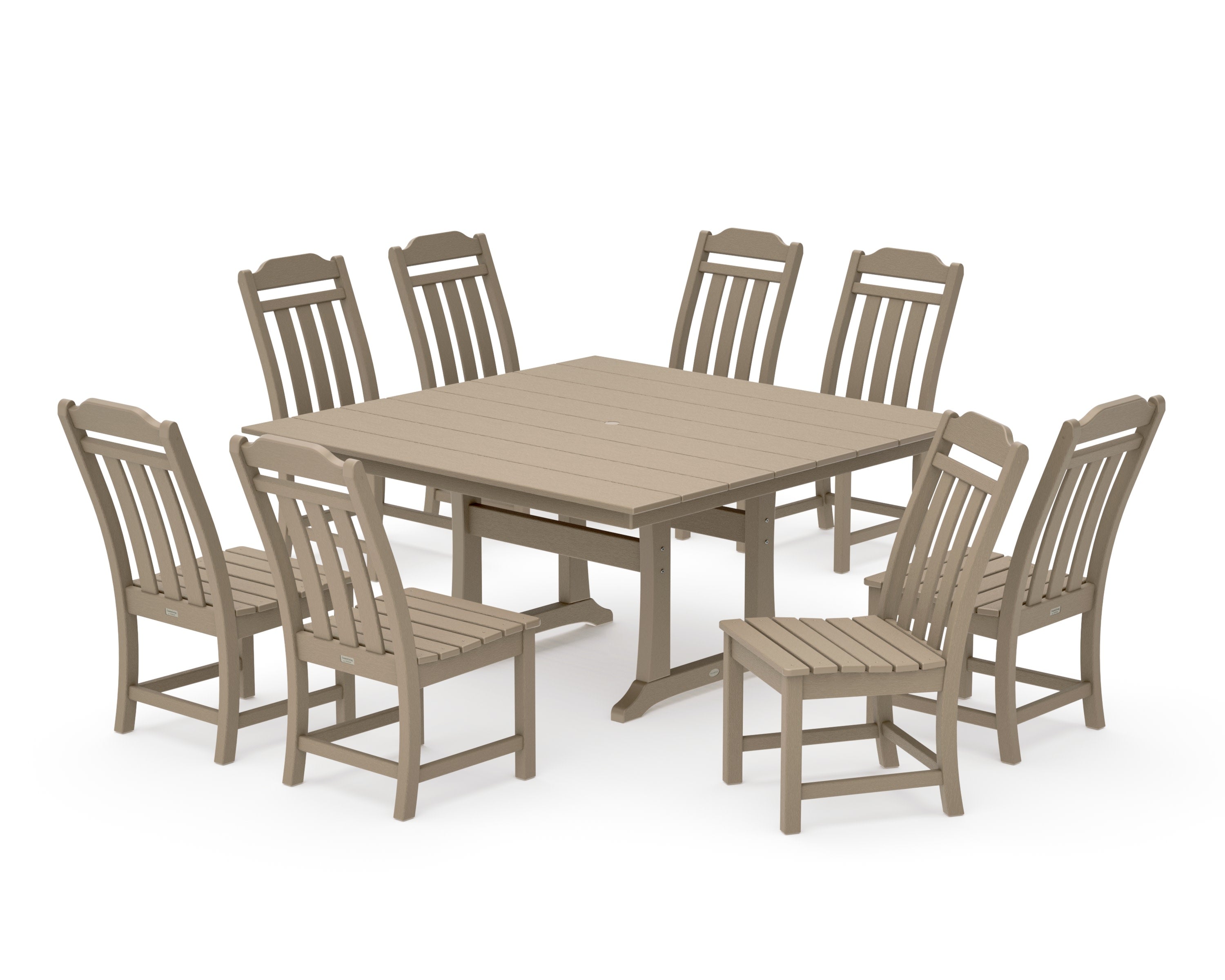 Cottage 9-Piece Square Farmhouse Side Chair Dining Set with Trestle Legs in Vintage Sahara