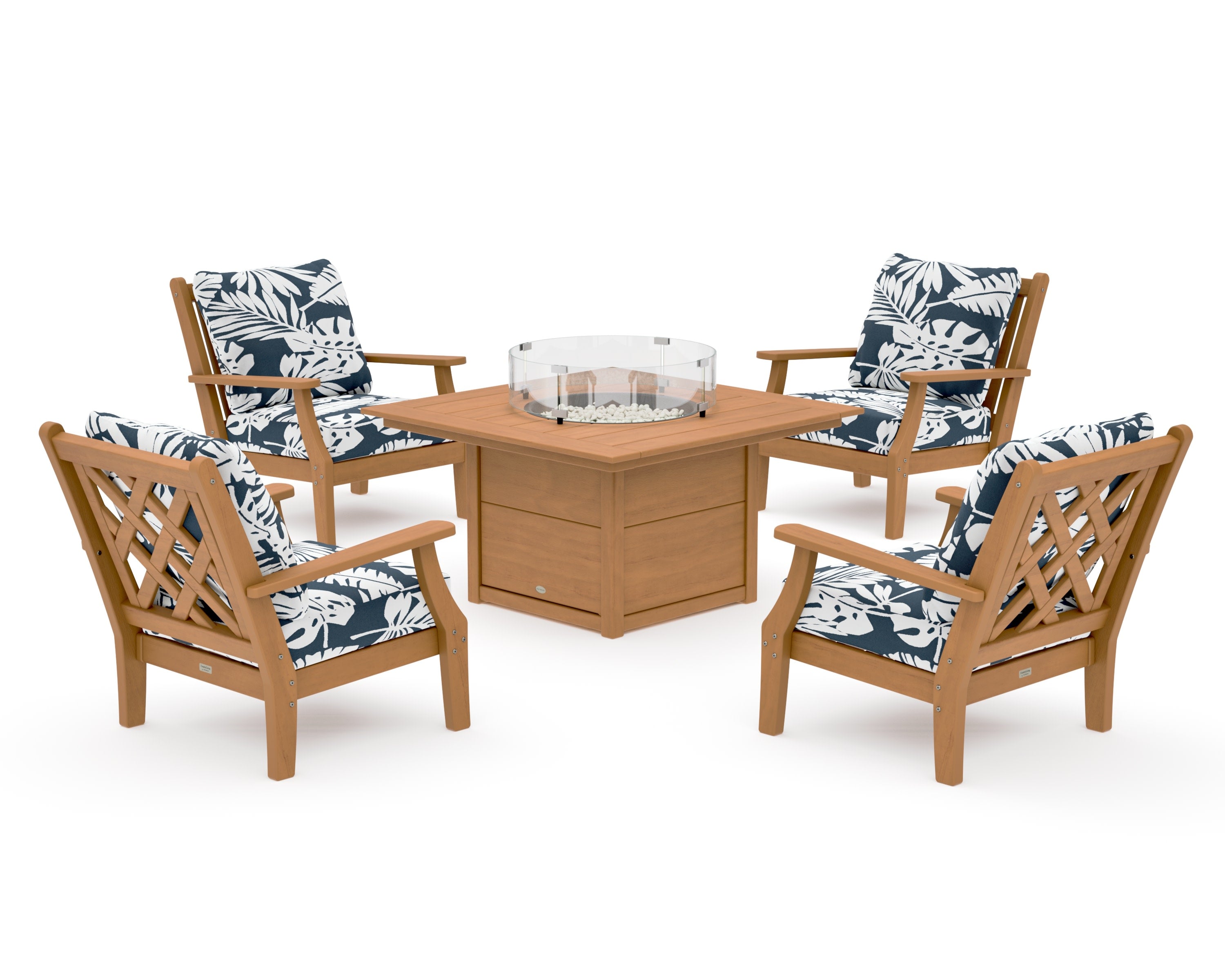 Wovendale 5-Piece Deep Seating Set with Fire Pit Table in Natural / Leaf Marine Indigo