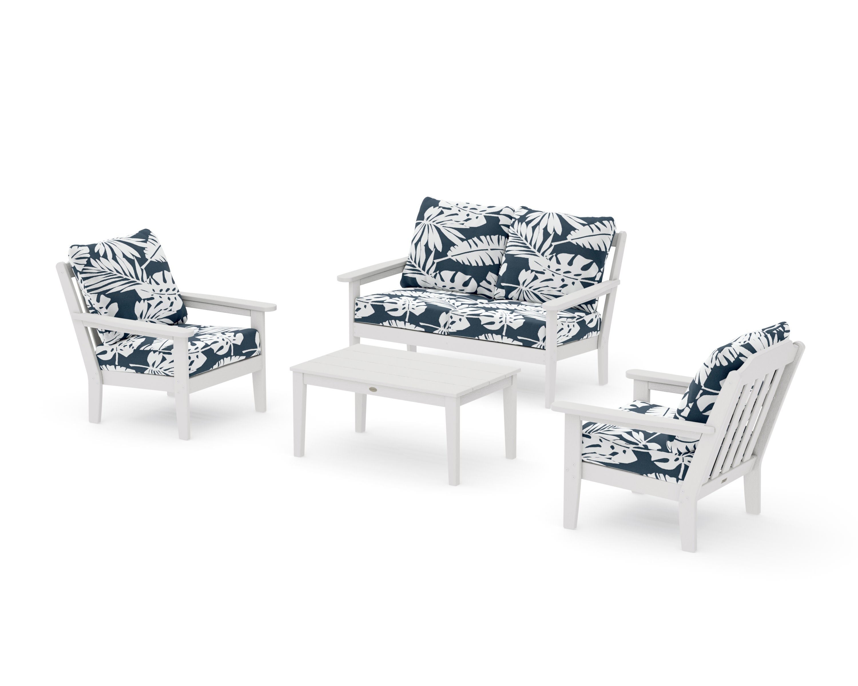 Cottage 4-Piece Deep Seating Set with Loveseat in Vintage White / Leaf Marine Indigo