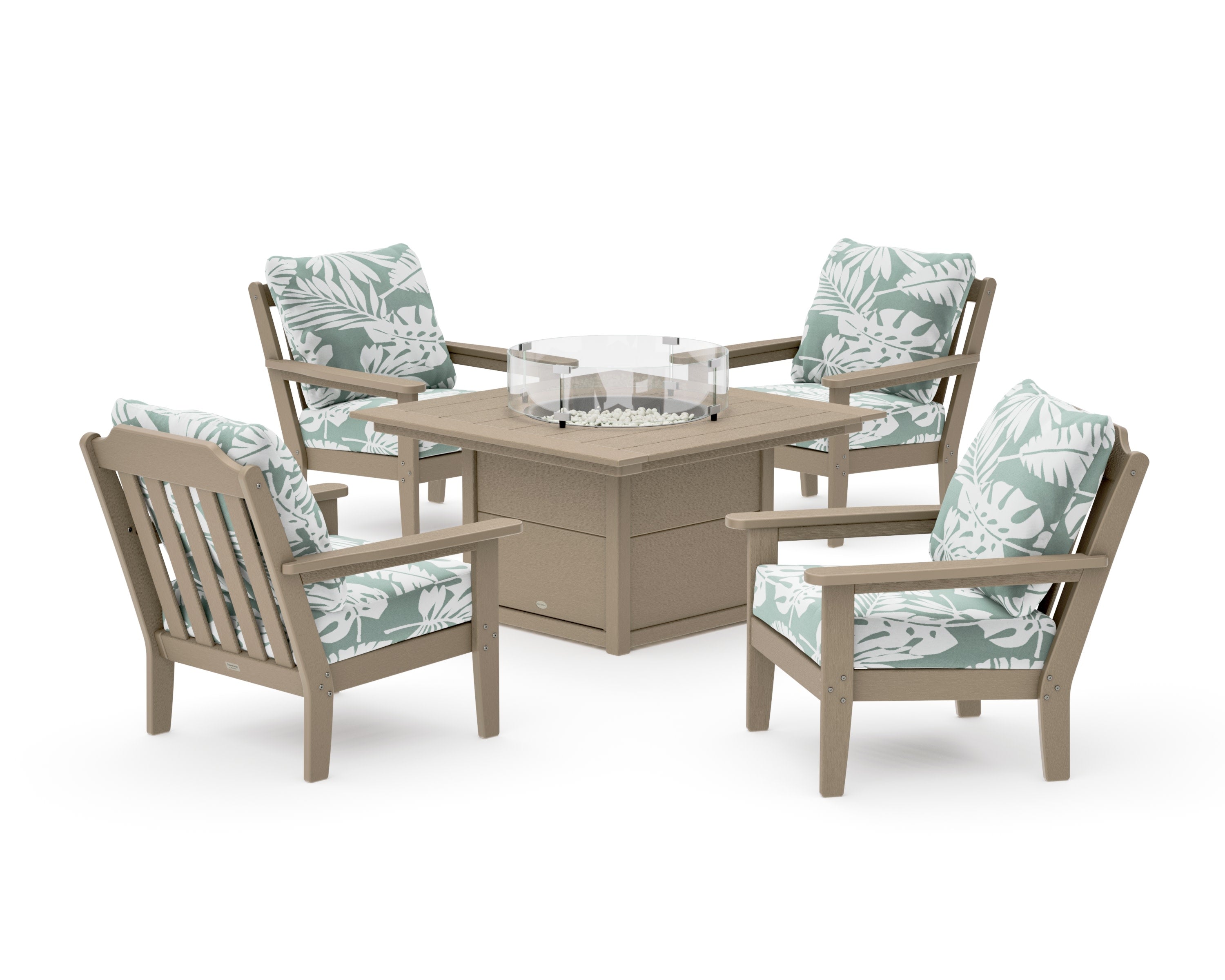 Cottage 5-Piece Deep Seating Set with Fire Pit Table in Vintage Sahara / Leaf Glacier Spa