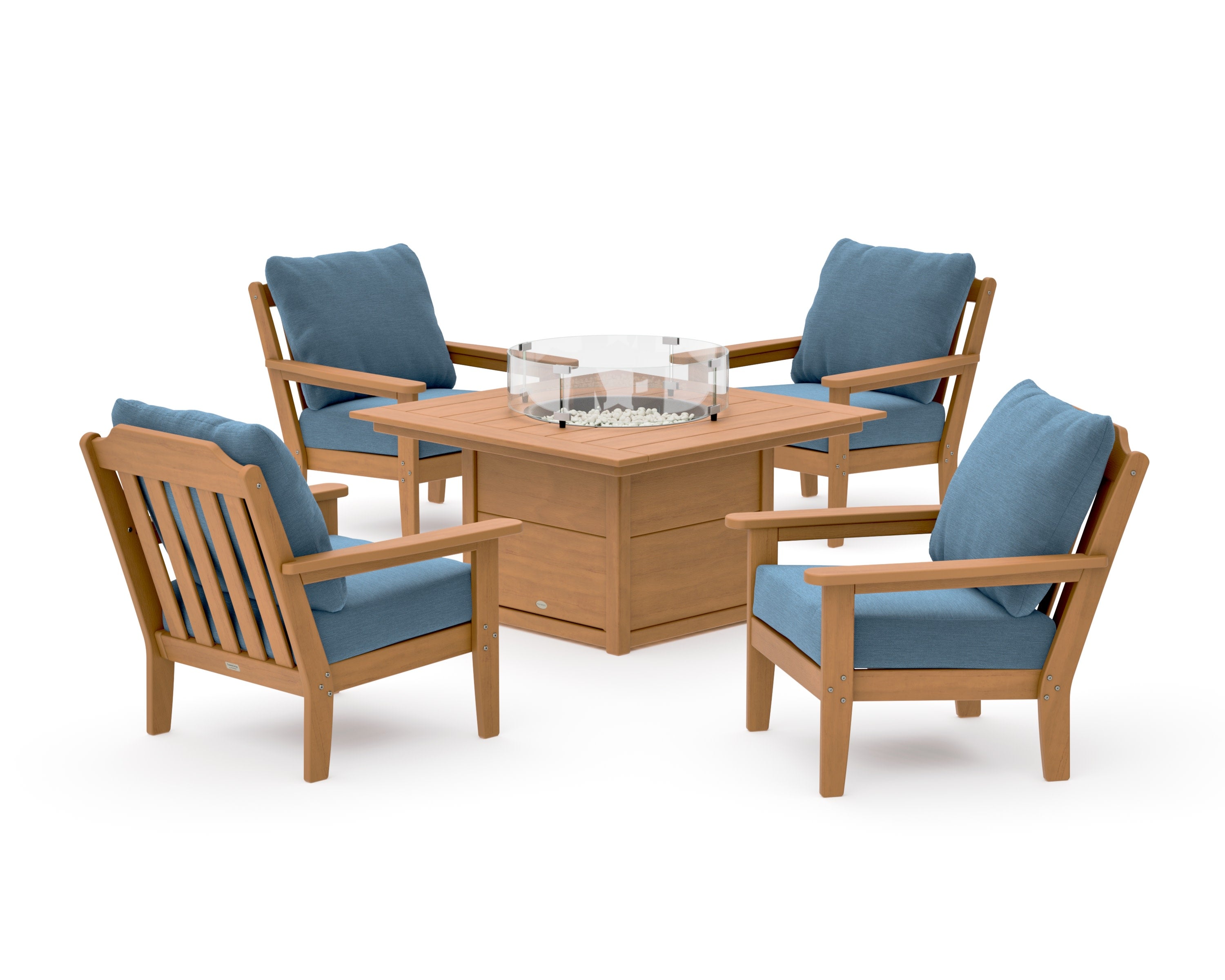 Cottage 5-Piece Deep Seating Set with Fire Pit Table in Natural / Sky Blue