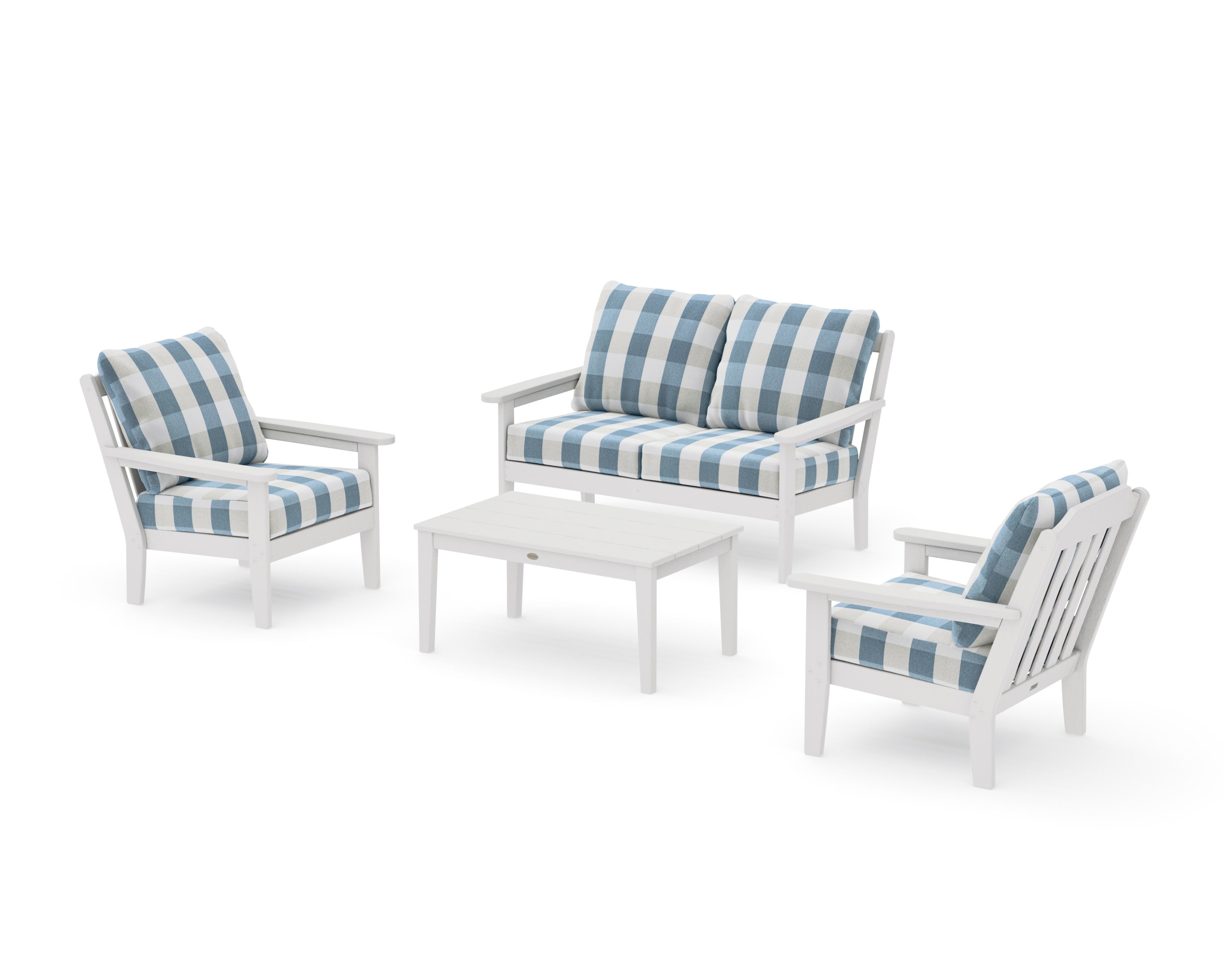 Cottage 4-Piece Deep Seating Set with Loveseat in Vintage White / Buffalo Plaid Sky Blue