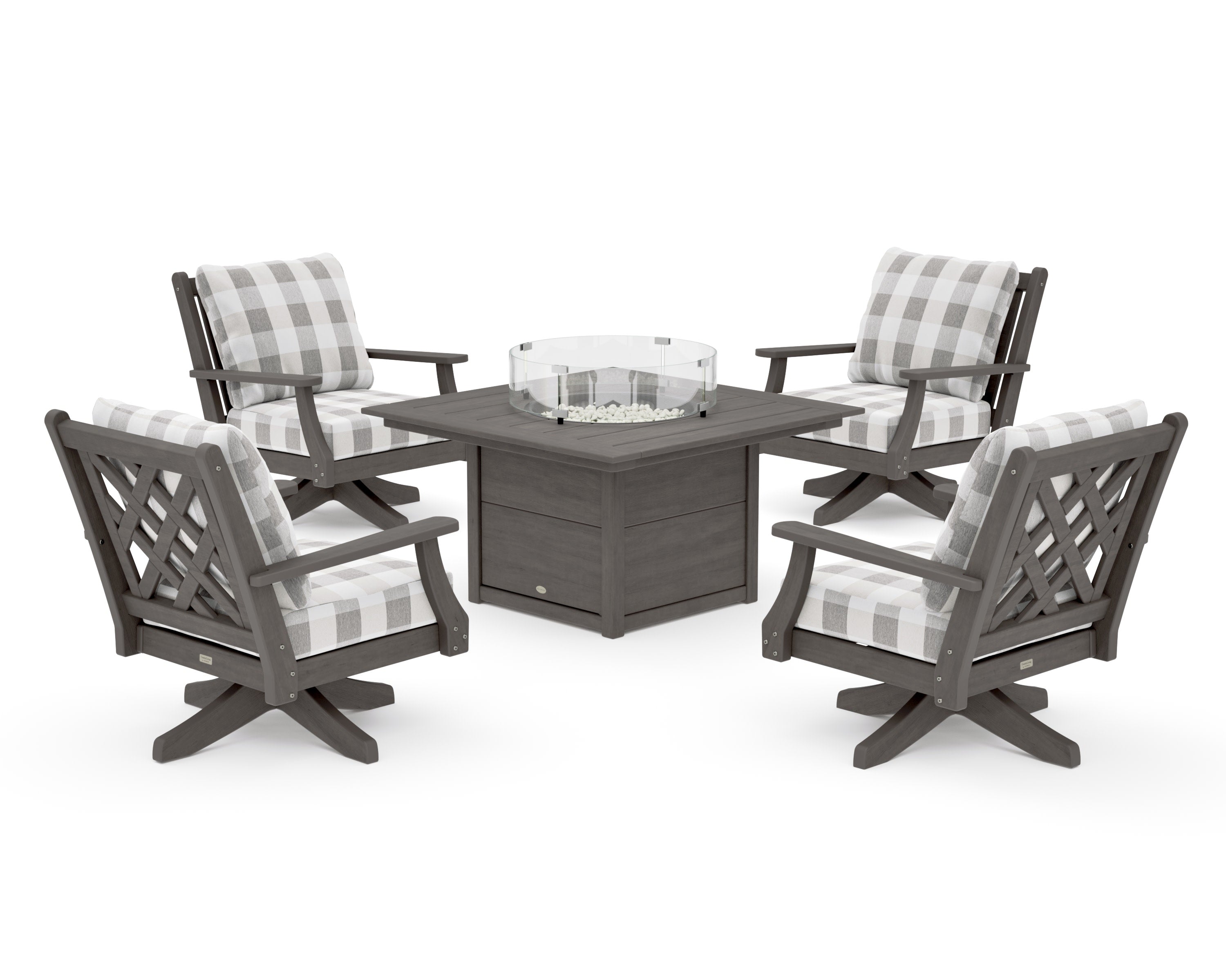 Wovendale 5-Piece Deep Seating Swivel Conversation Set with Fire Pit Table in Driftwood / Buffalo Plaid Grey Mist