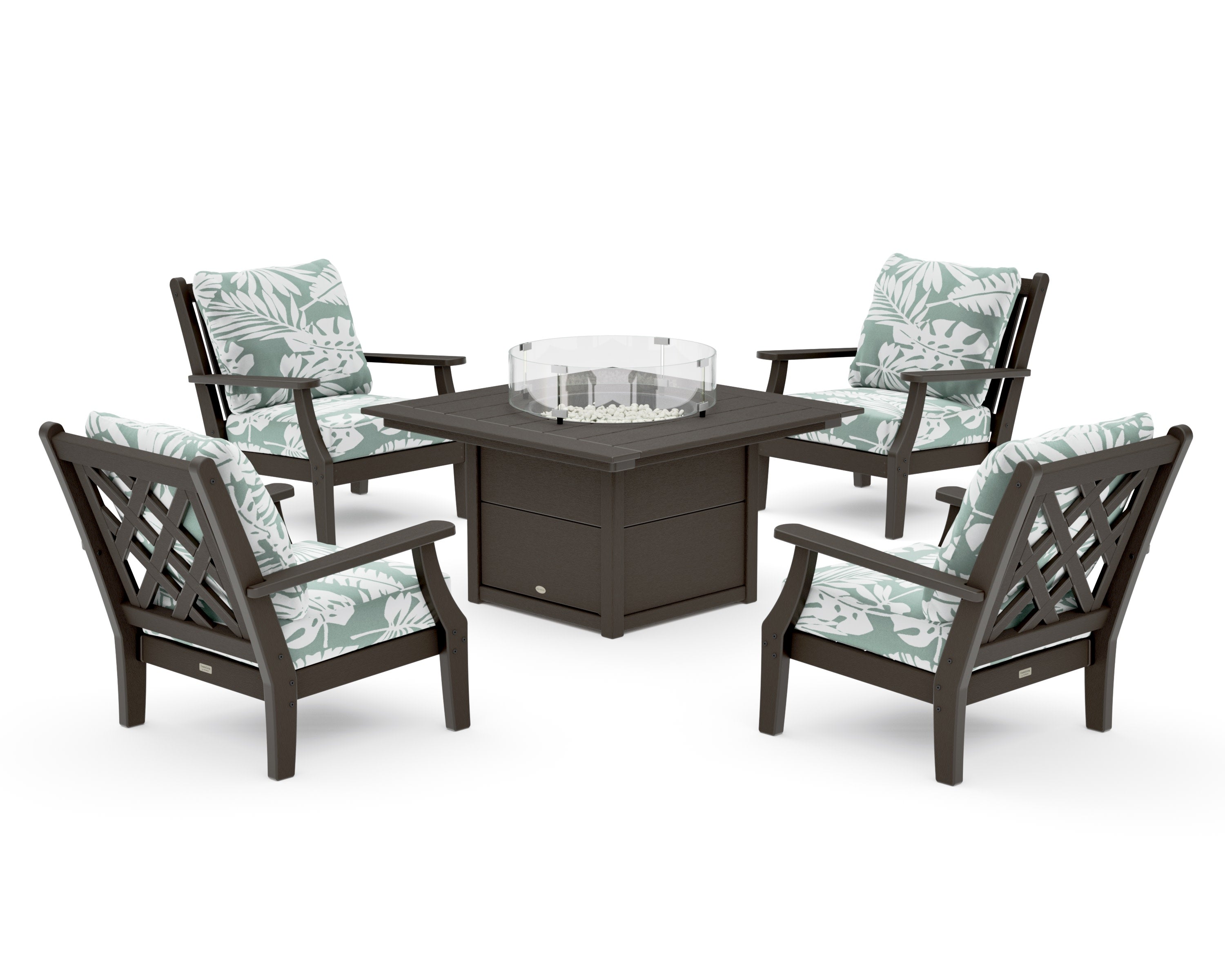 Wovendale 5-Piece Deep Seating Set with Fire Pit Table in Vintage Coffee / Leaf Glacier Spa