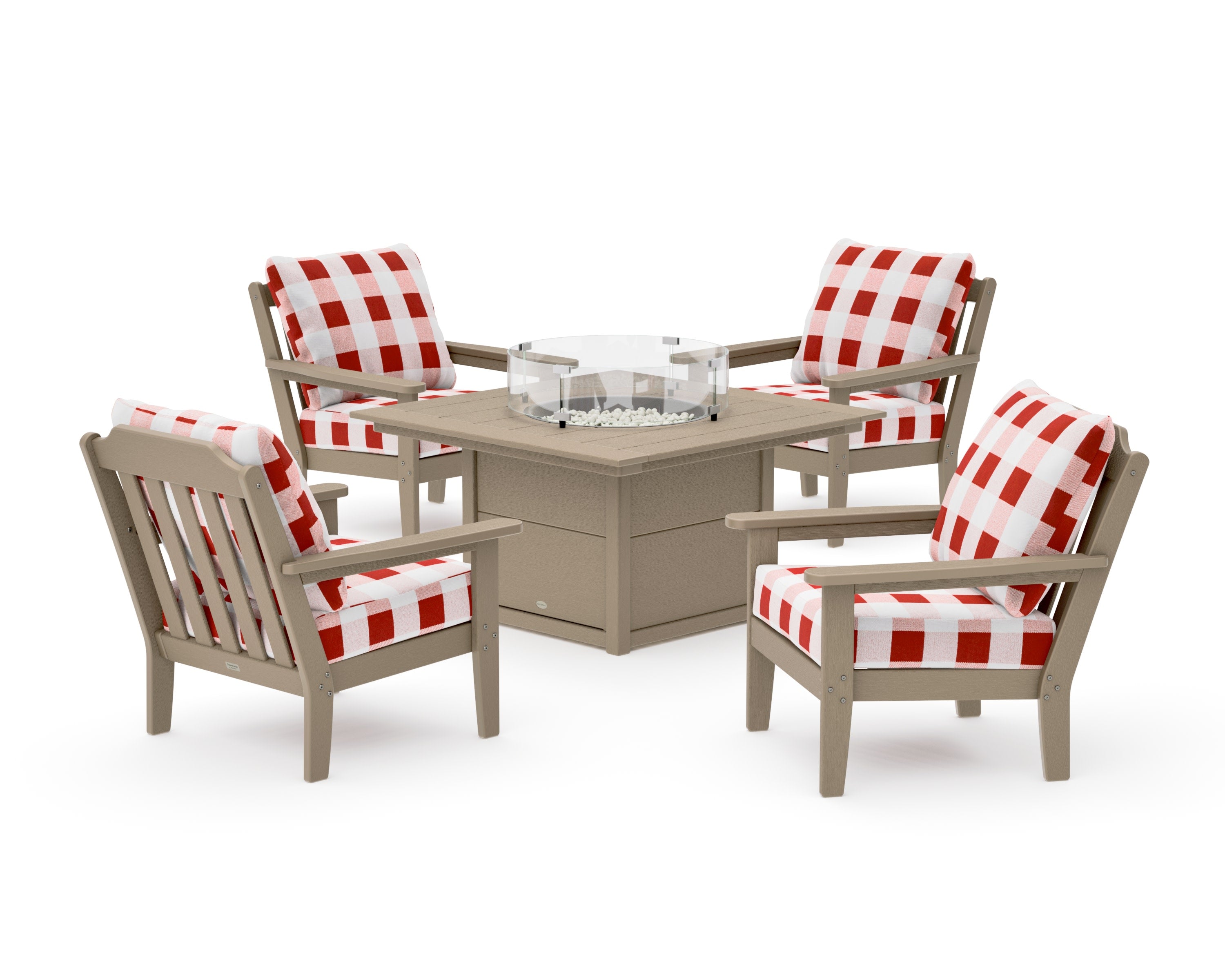 Cottage 5-Piece Deep Seating Set with Fire Pit Table in Vintage Sahara / Buffalo Plaid Crimson