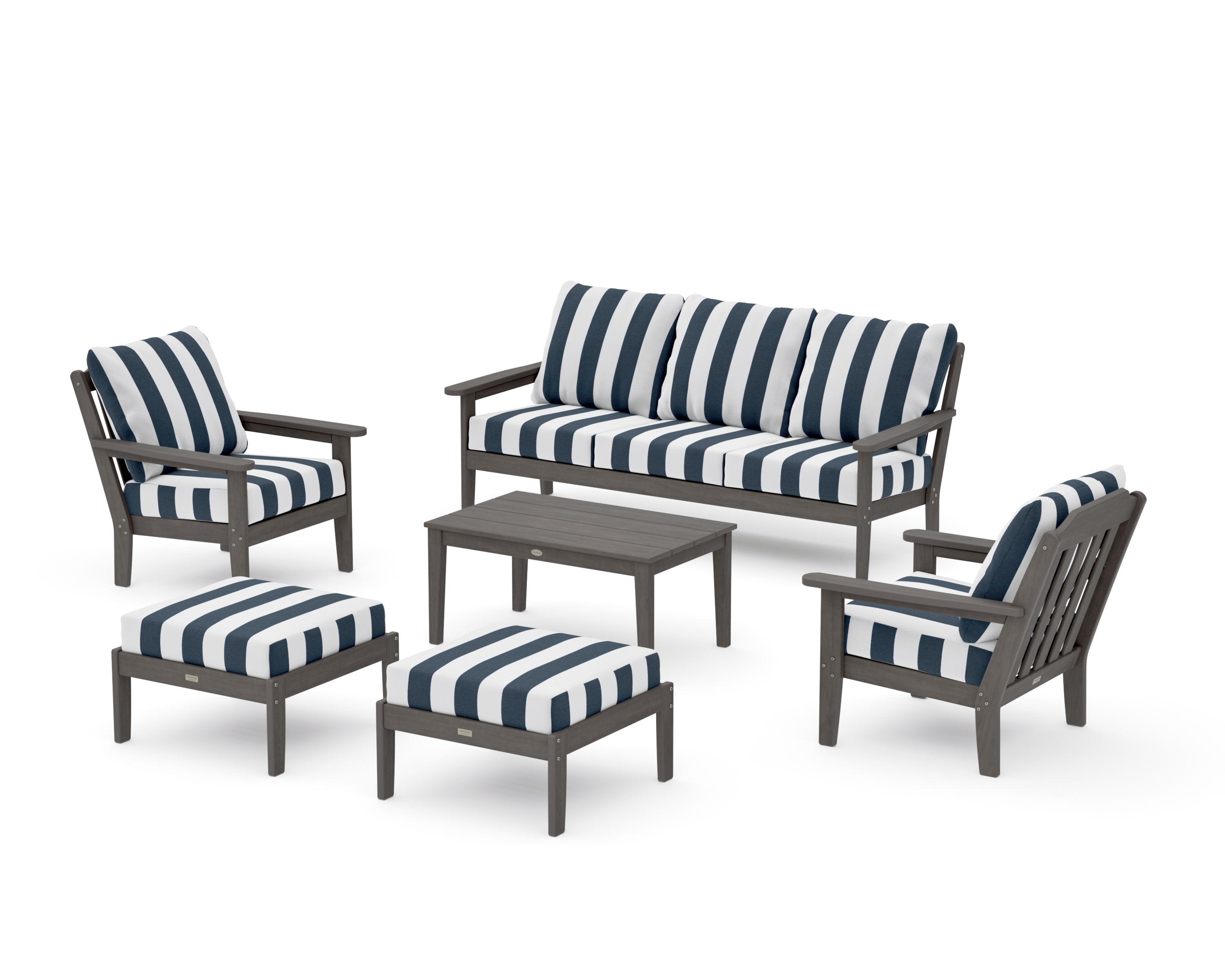 Cottage 6-Piece Lounge Sofa Set in Driftwood / Cabana Stripe Marine Indigo