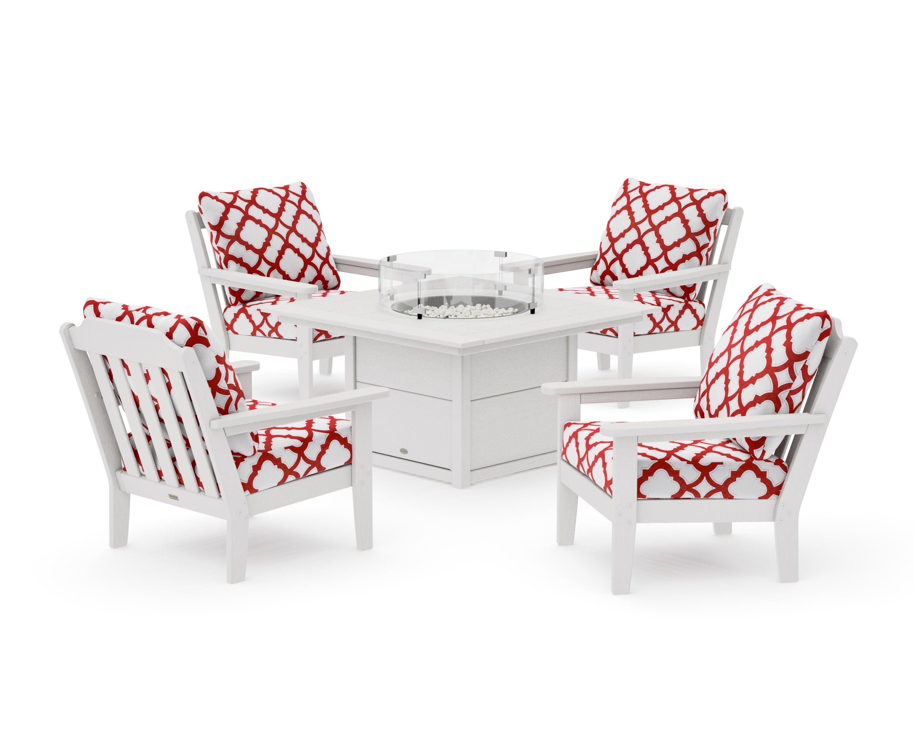 Cottage 5-Piece Deep Seating Set with Fire Pit Table in Vintage White / Trellis Crimson
