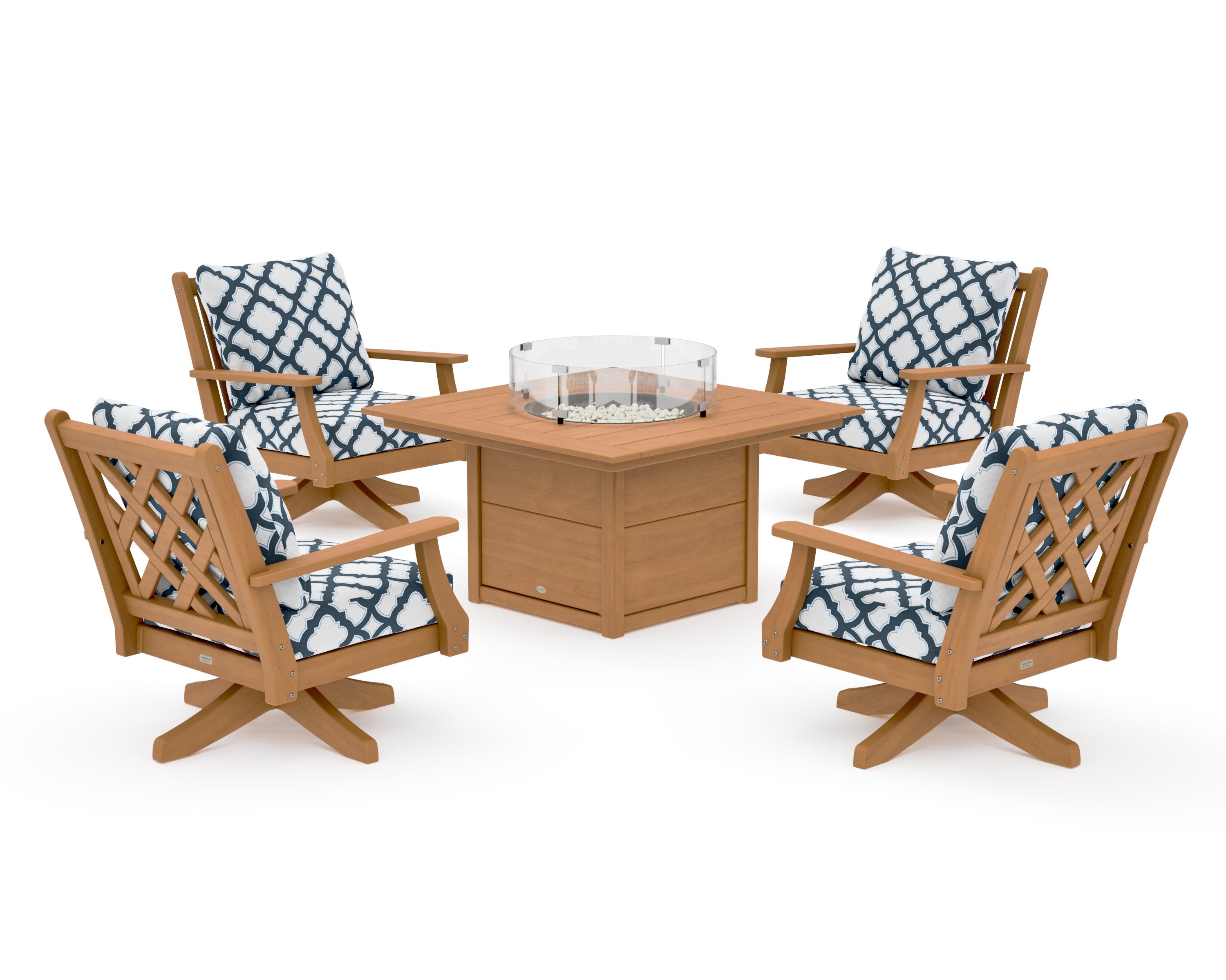 Wovendale 5-Piece Deep Seating Swivel Conversation Set with Fire Pit Table in Natural / Trellis Marine Indigo