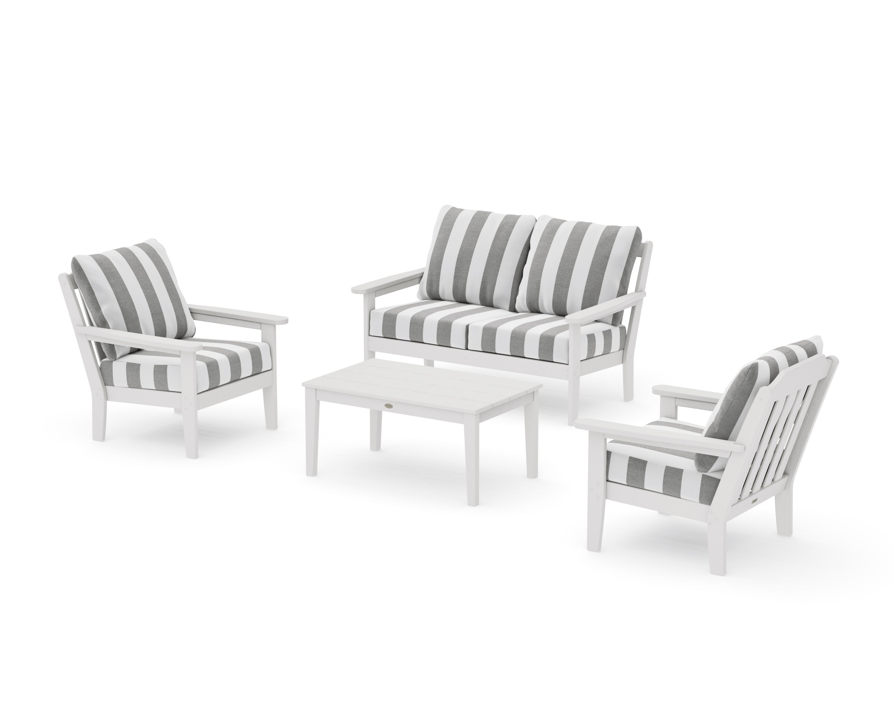 Cottage 4-Piece Deep Seating Set with Loveseat in Vintage White / Cabana Stripe Grey Mist