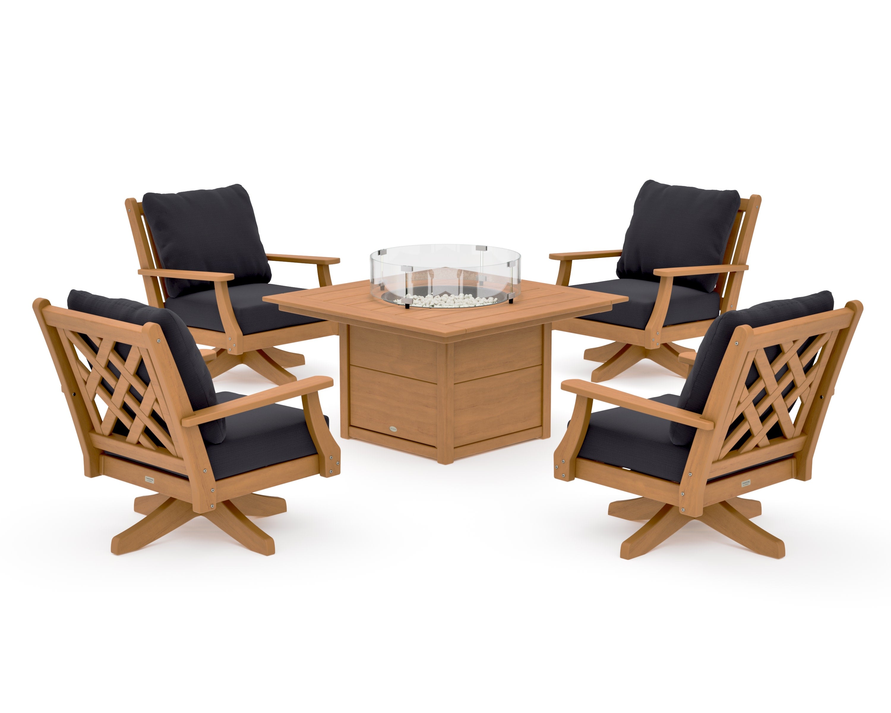 Wovendale 5-Piece Deep Seating Swivel Conversation Set with Fire Pit Table in Natural / Midnight Linen