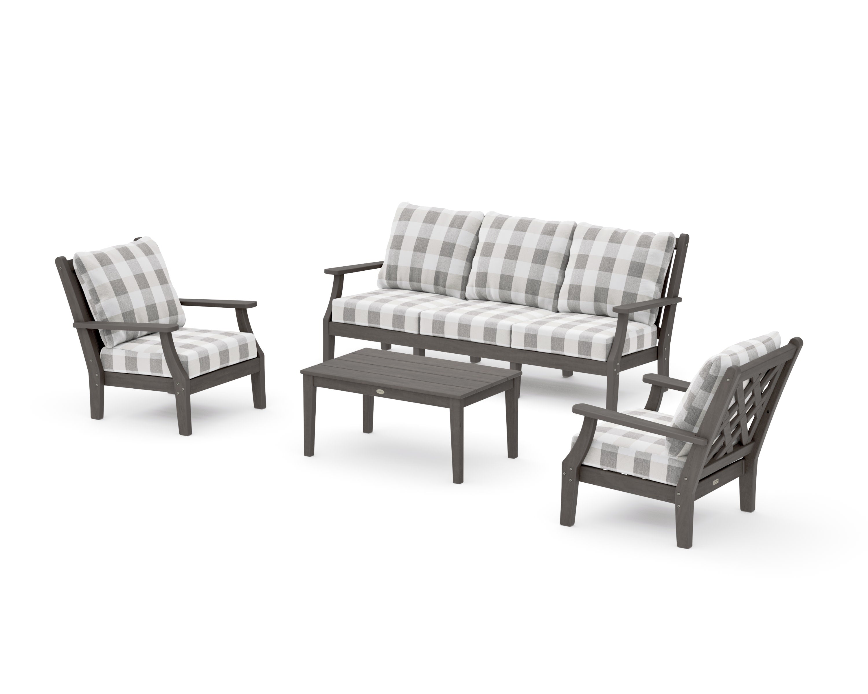 Wovendale 4-Piece Deep Seating Set with Sofa in Driftwood / Buffalo Plaid Grey Mist