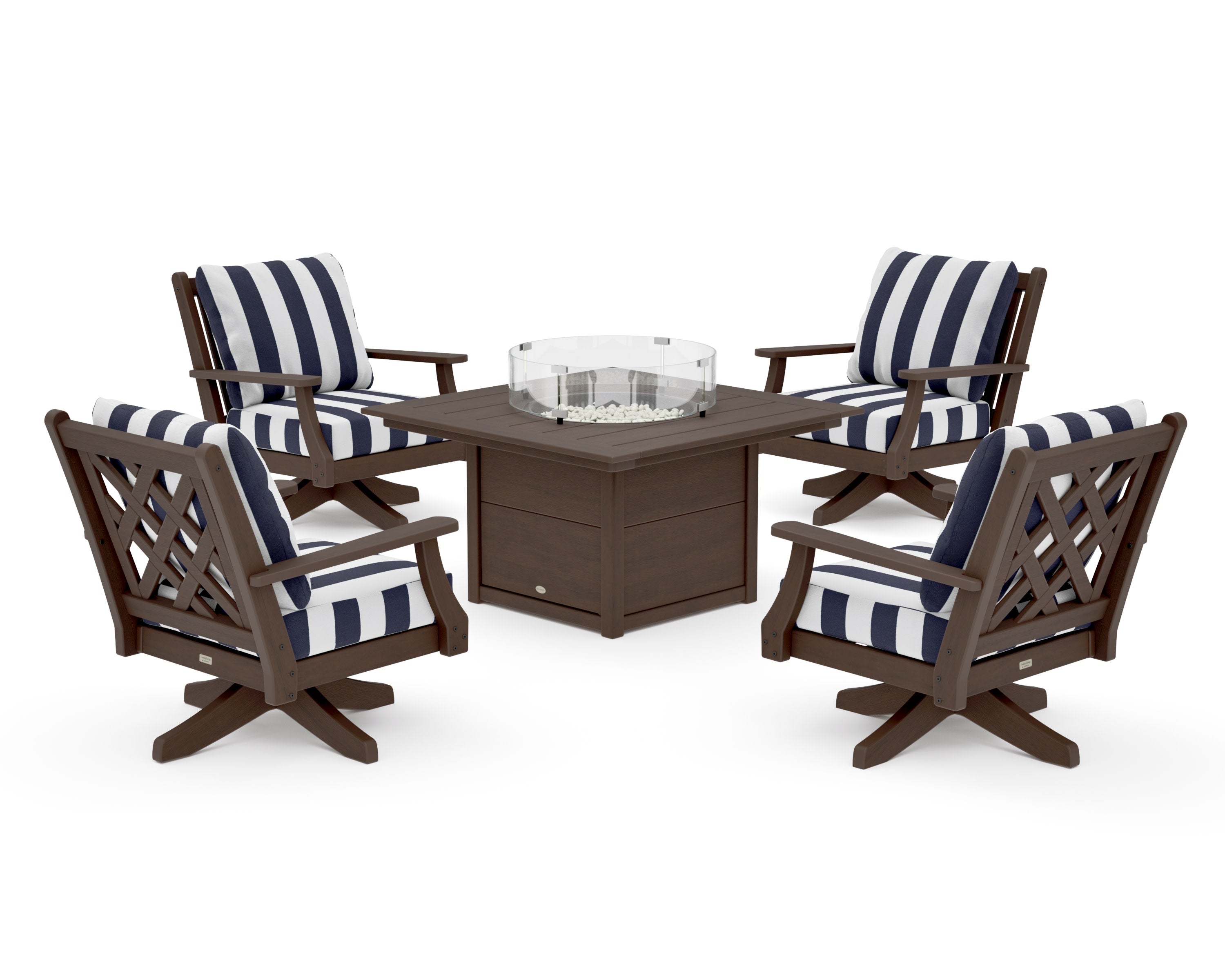 Wovendale 5-Piece Deep Seating Swivel Conversation Set with Fire Pit Table in Kona / Cabana Stripe Navy