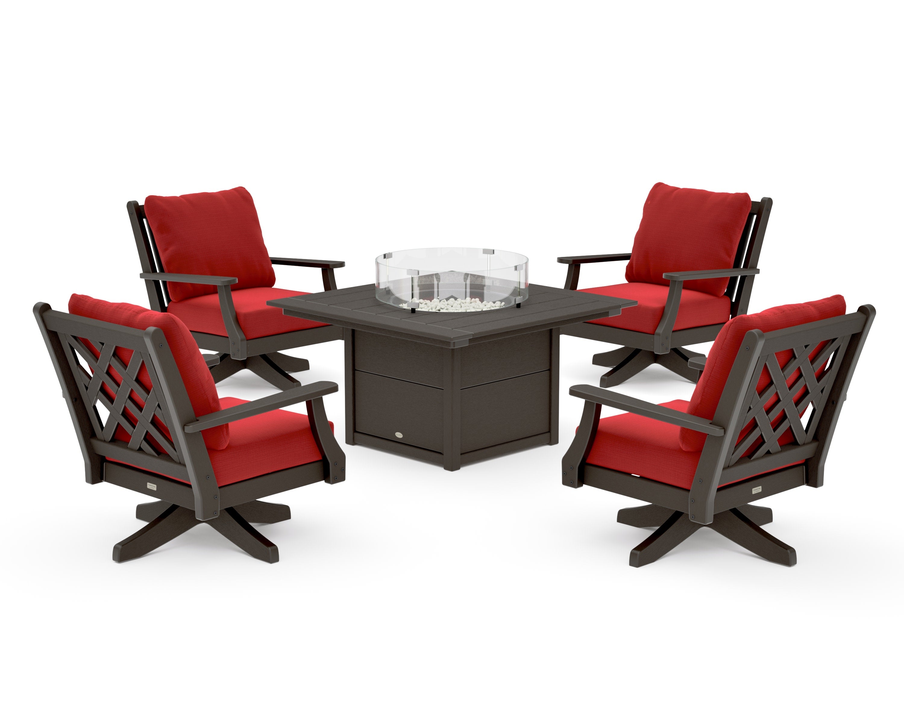Wovendale 5-Piece Deep Seating Swivel Conversation Set with Fire Pit Table in Vintage Coffee / Crimson Linen