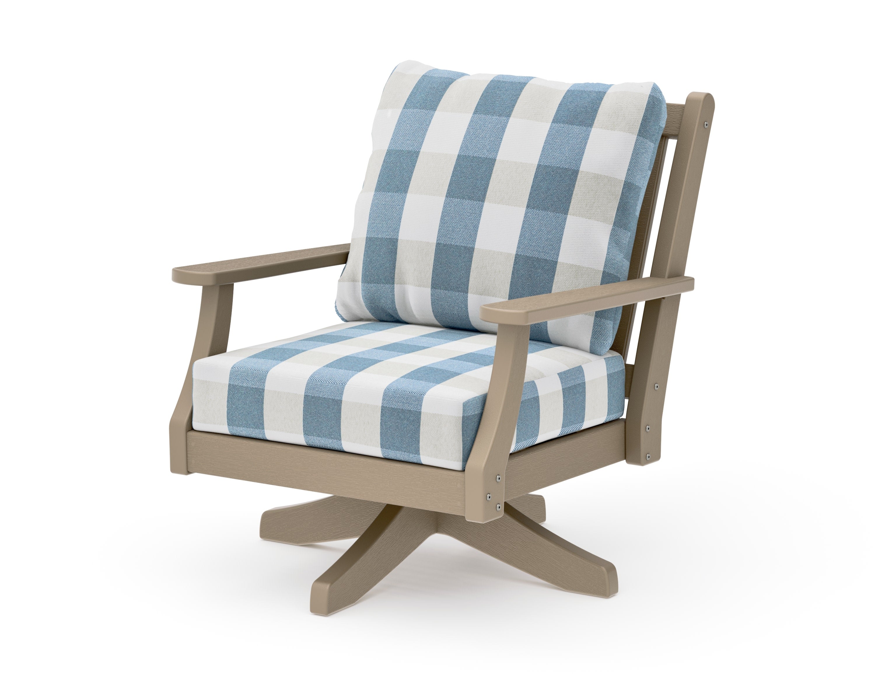 Wovendale Deep Seating Swivel Chair in Vintage Sahara / Buffalo Plaid Sky Blue