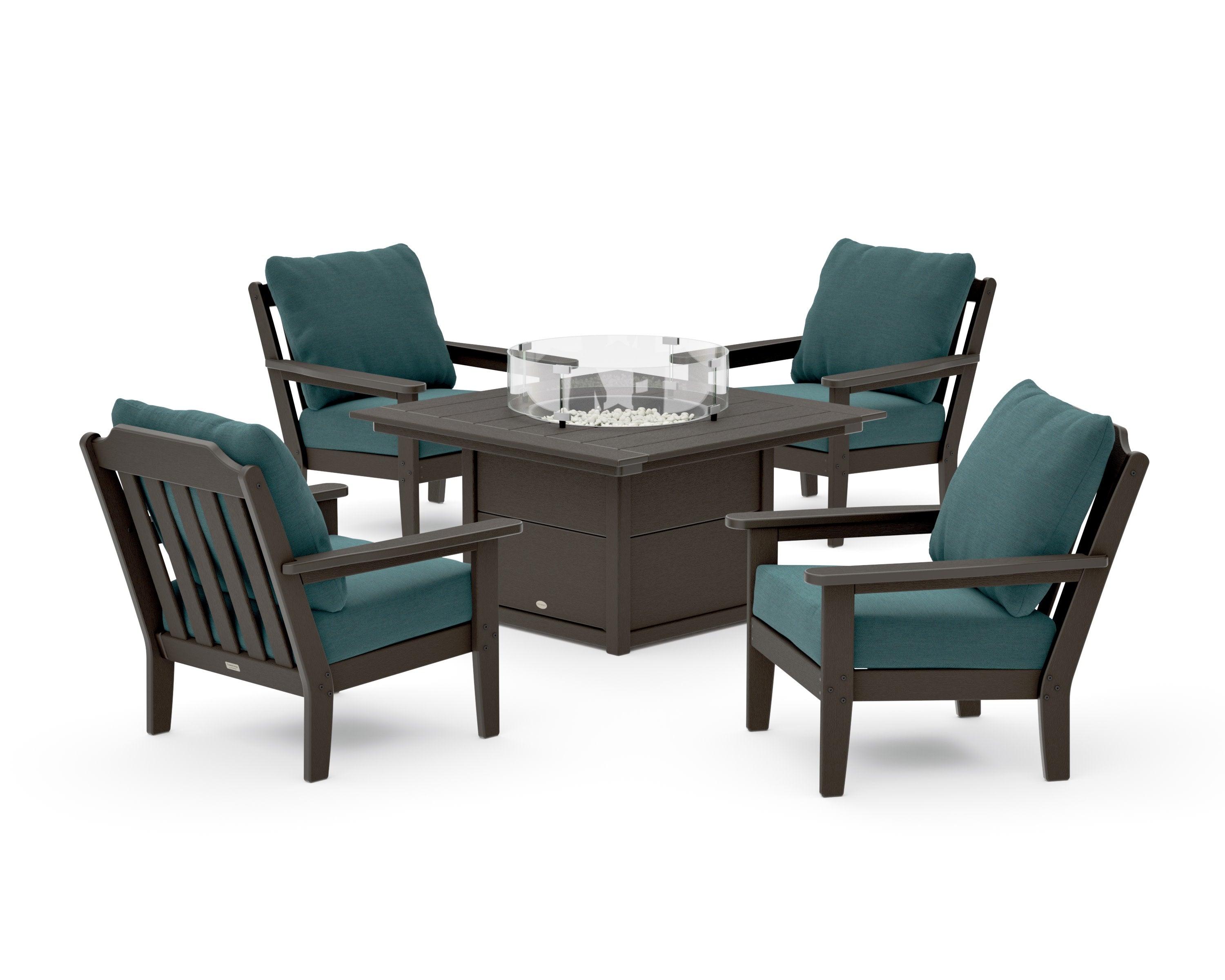 Cottage 5-Piece Deep Seating Set with Fire Pit Table in Vintage Coffee / Ocean Teal