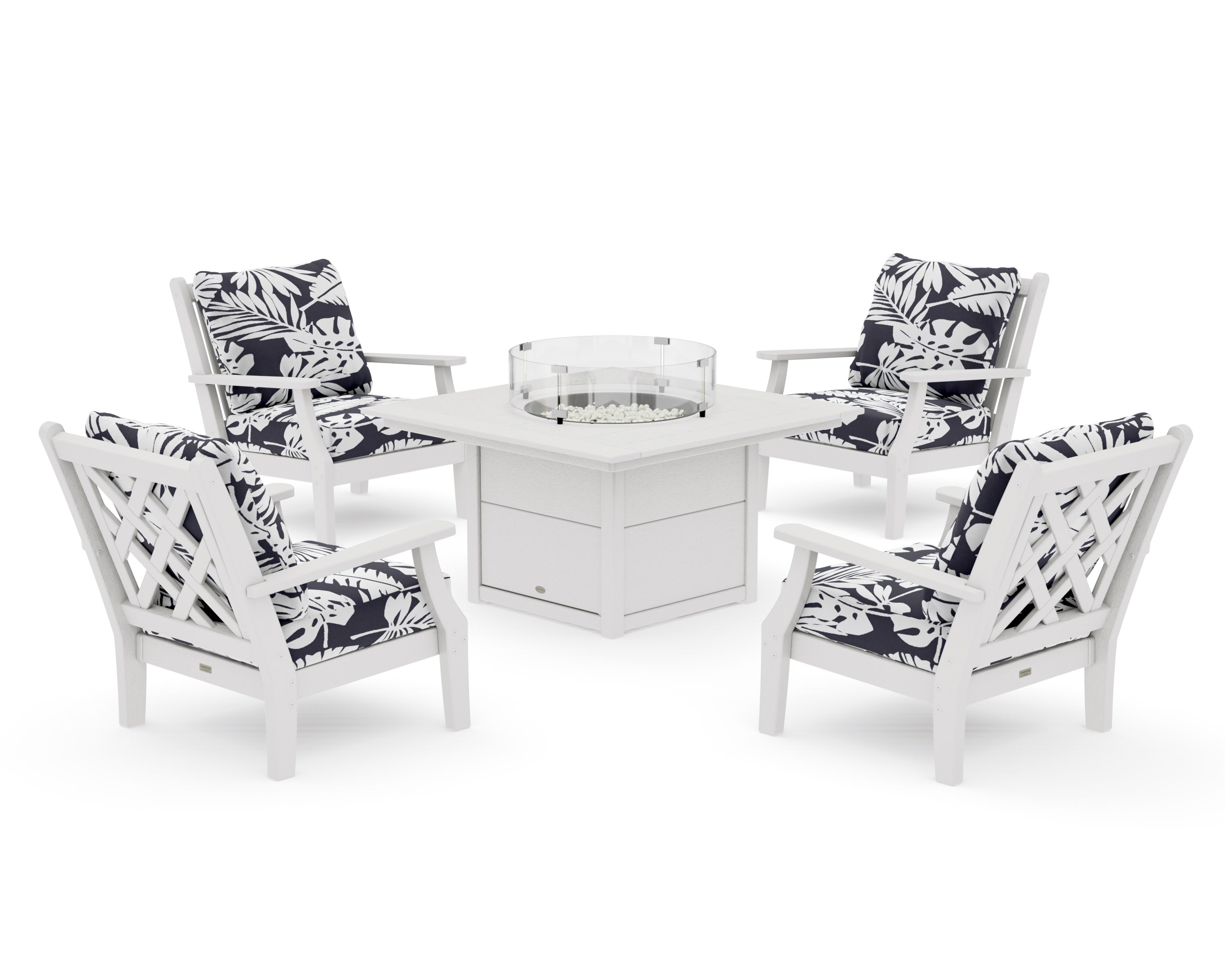 Wovendale 5-Piece Deep Seating Set with Fire Pit Table in Vintage White / Leaf Navy