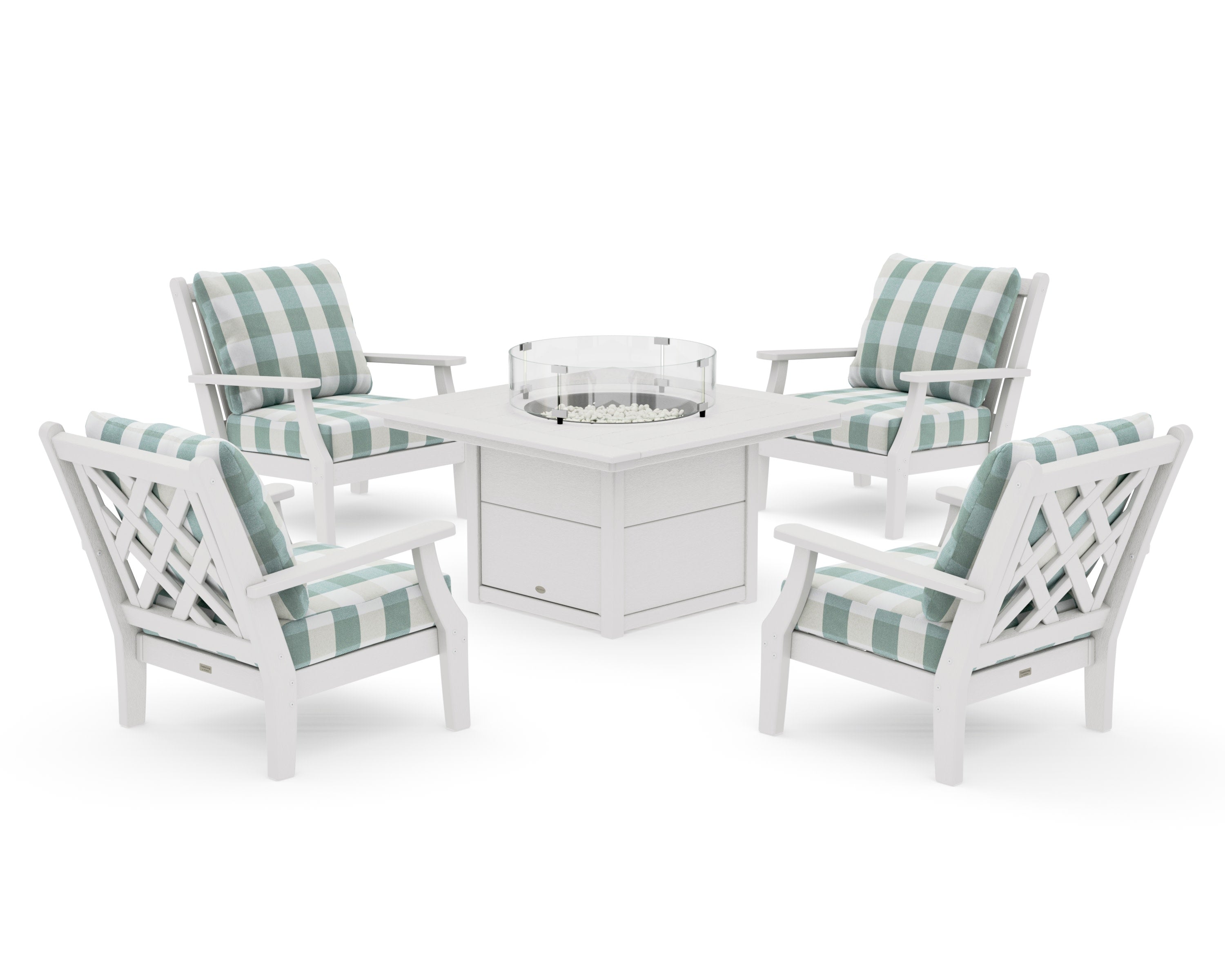 Wovendale 5-Piece Deep Seating Set with Fire Pit Table in Vintage White / Buffalo Plaid Glacier Spa