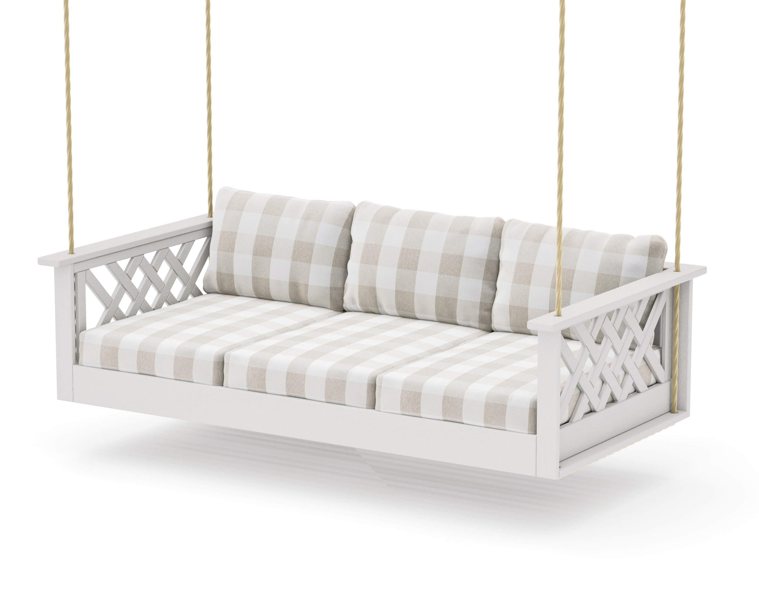 Wovendale Daybed Swing in Vintage White / Buffalo Plaid Dune Burlap