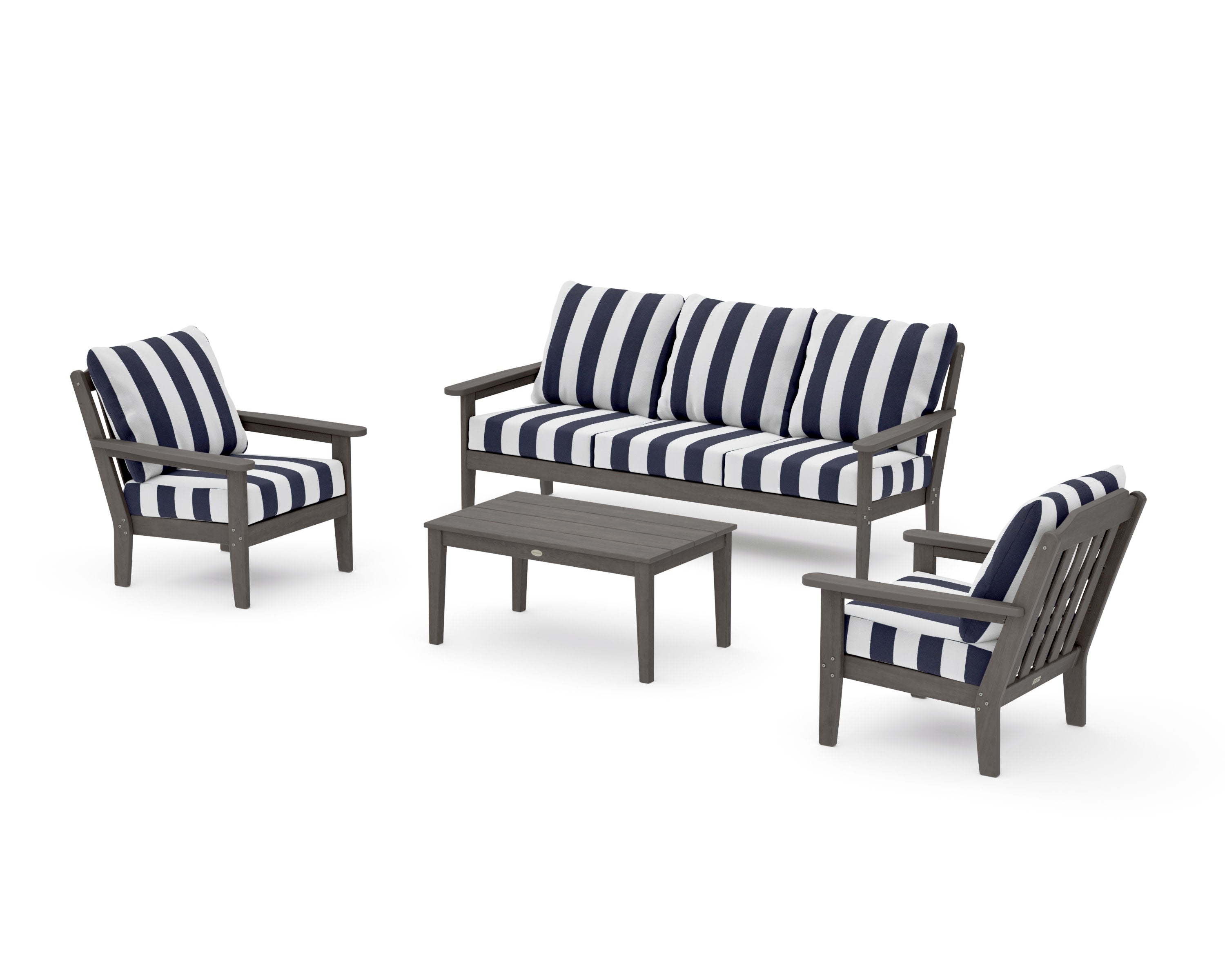 Cottage 4-Piece Deep Seating Set with Sofa in Driftwood / Cabana Stripe Navy