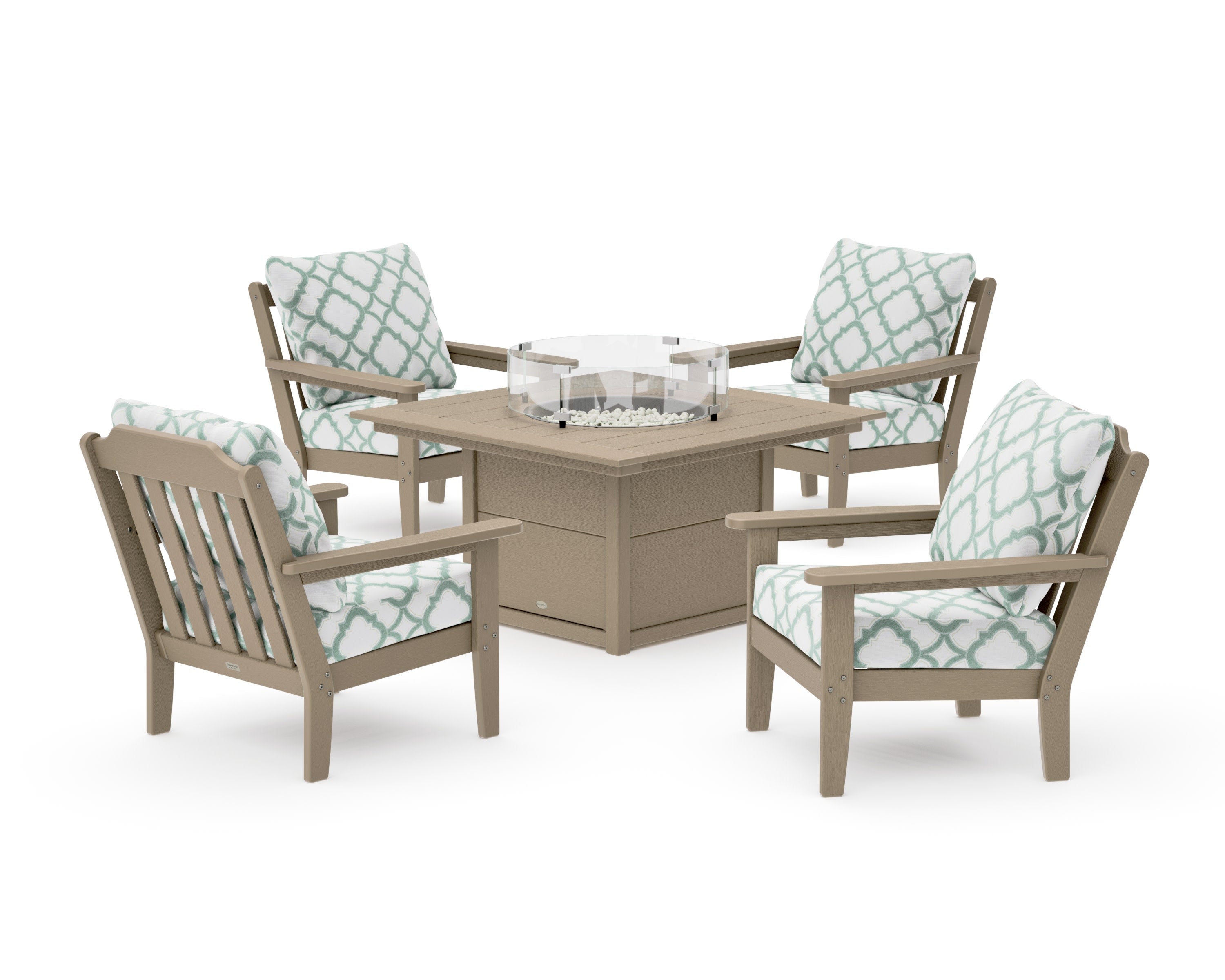 Cottage 5-Piece Deep Seating Set with Fire Pit Table in Vintage Sahara / Trellis Glacier Spa