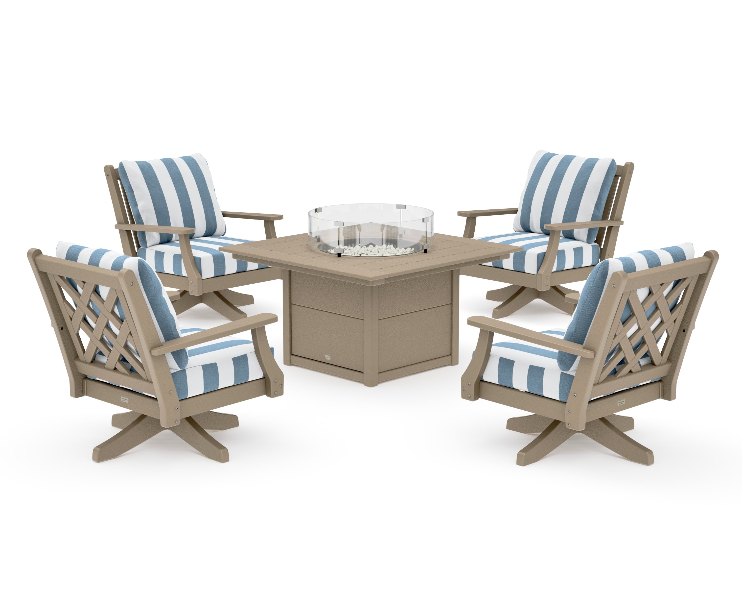 Wovendale 5-Piece Deep Seating Swivel Conversation Set with Fire Pit Table in Vintage Sahara / Cabana Stripe Sky Blue