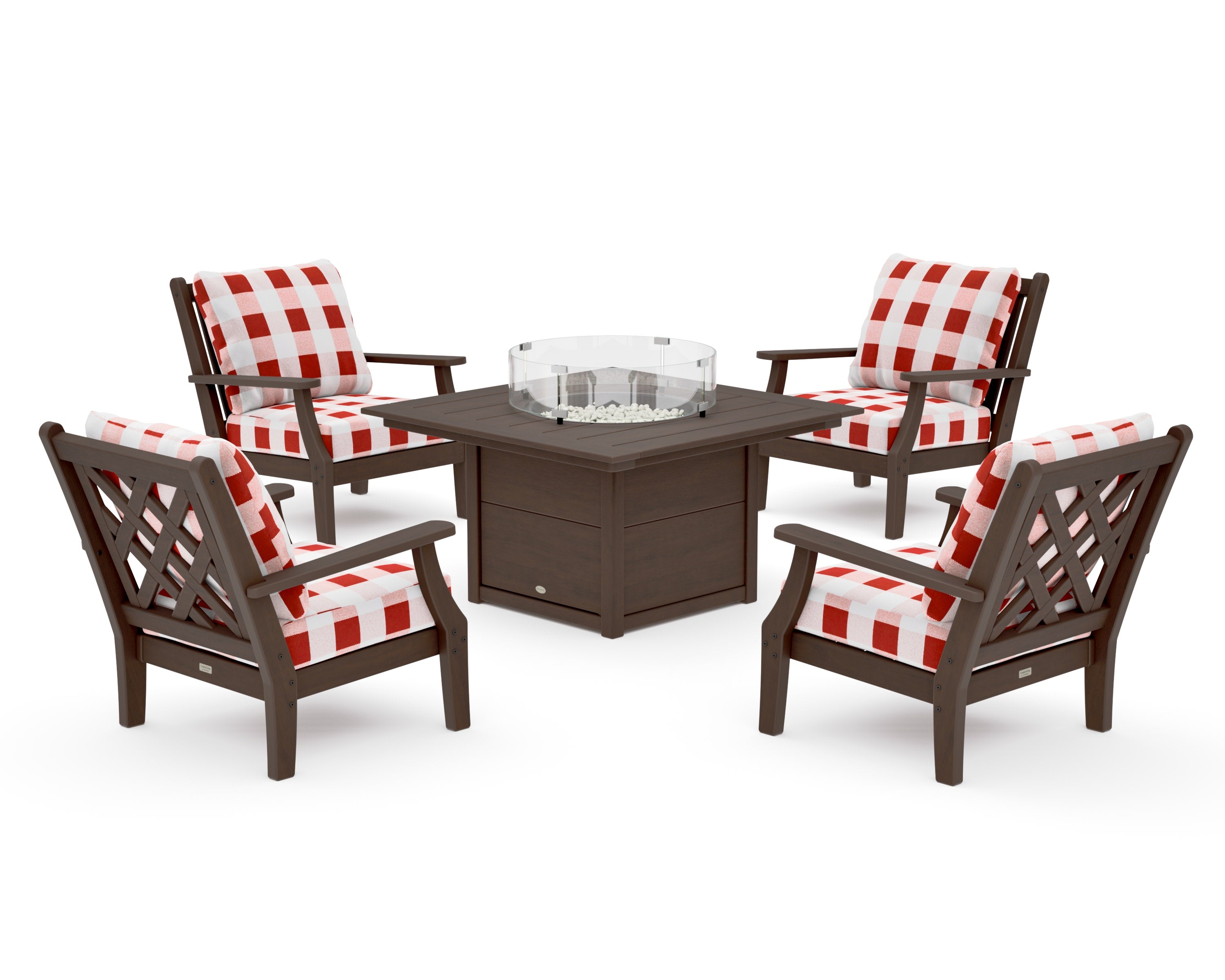 Wovendale 5-Piece Deep Seating Set with Fire Pit Table in Kona / Buffalo Plaid Crimson