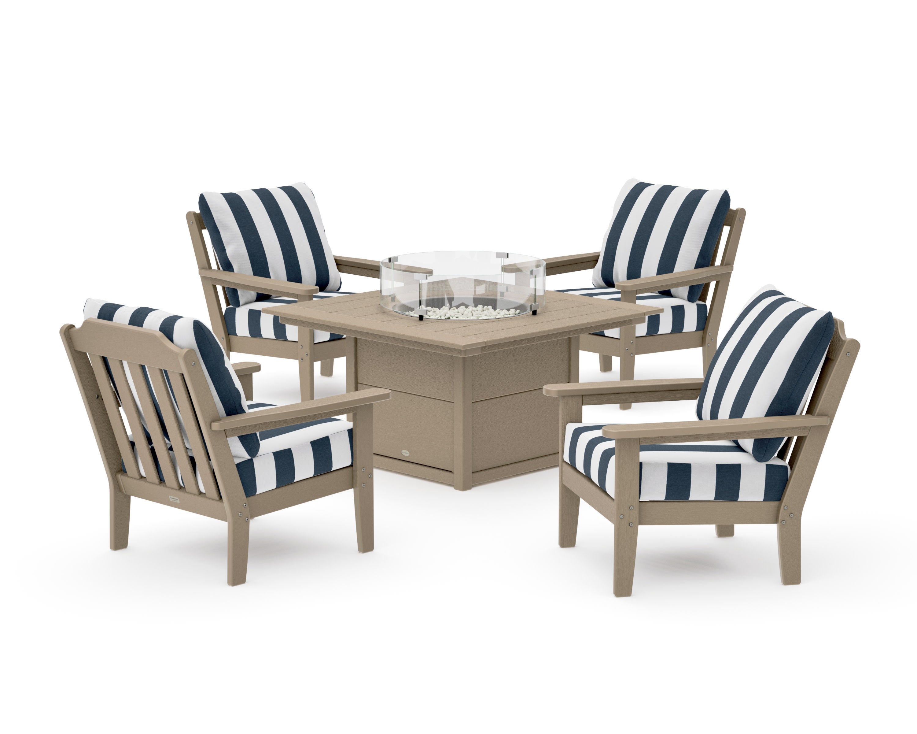 Cottage 5-Piece Deep Seating Set with Fire Pit Table in Vintage Sahara / Cabana Stripe Marine Indigo