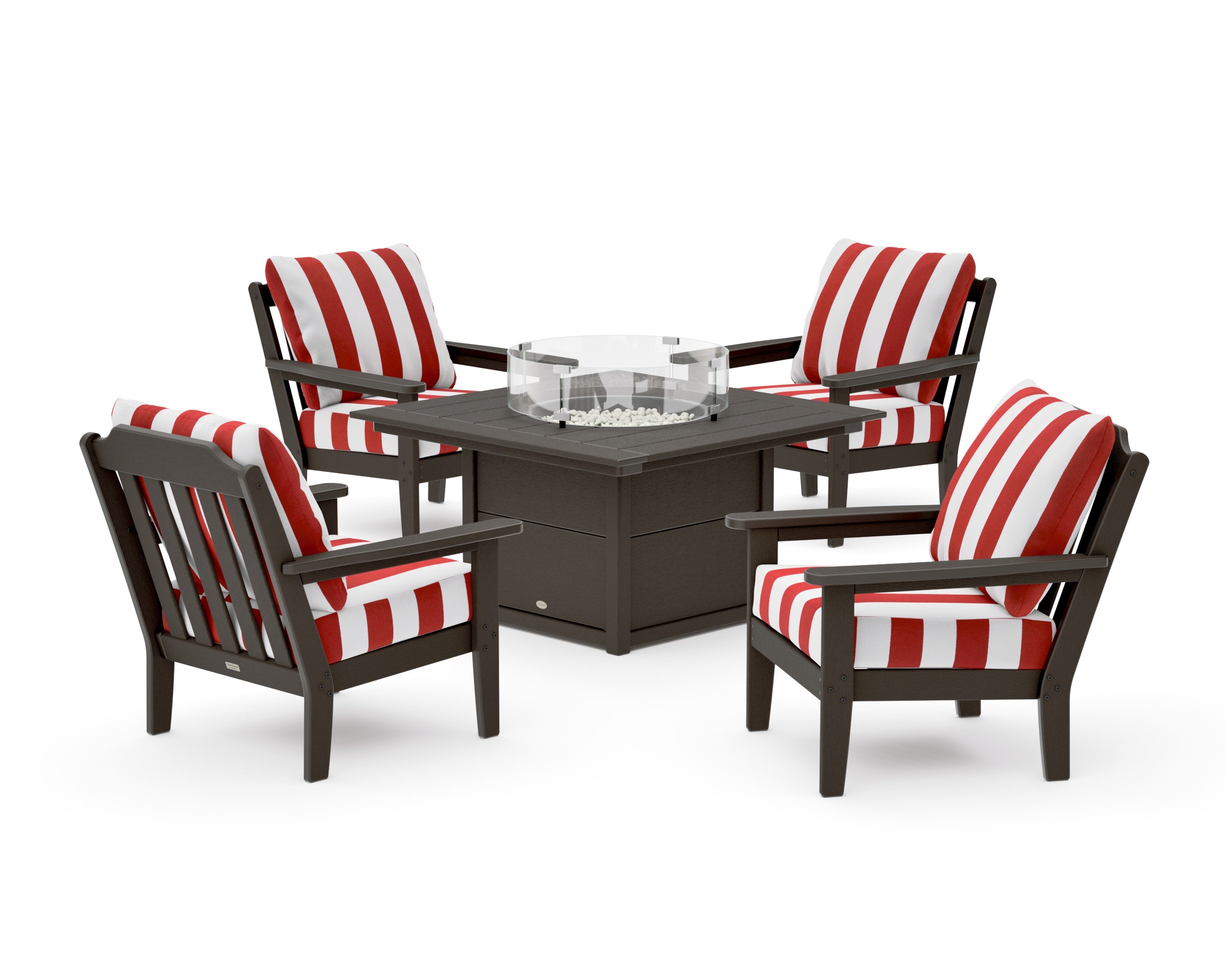 Cottage 5-Piece Deep Seating Set with Fire Pit Table in Vintage Coffee / Cabana Stripe Crimson