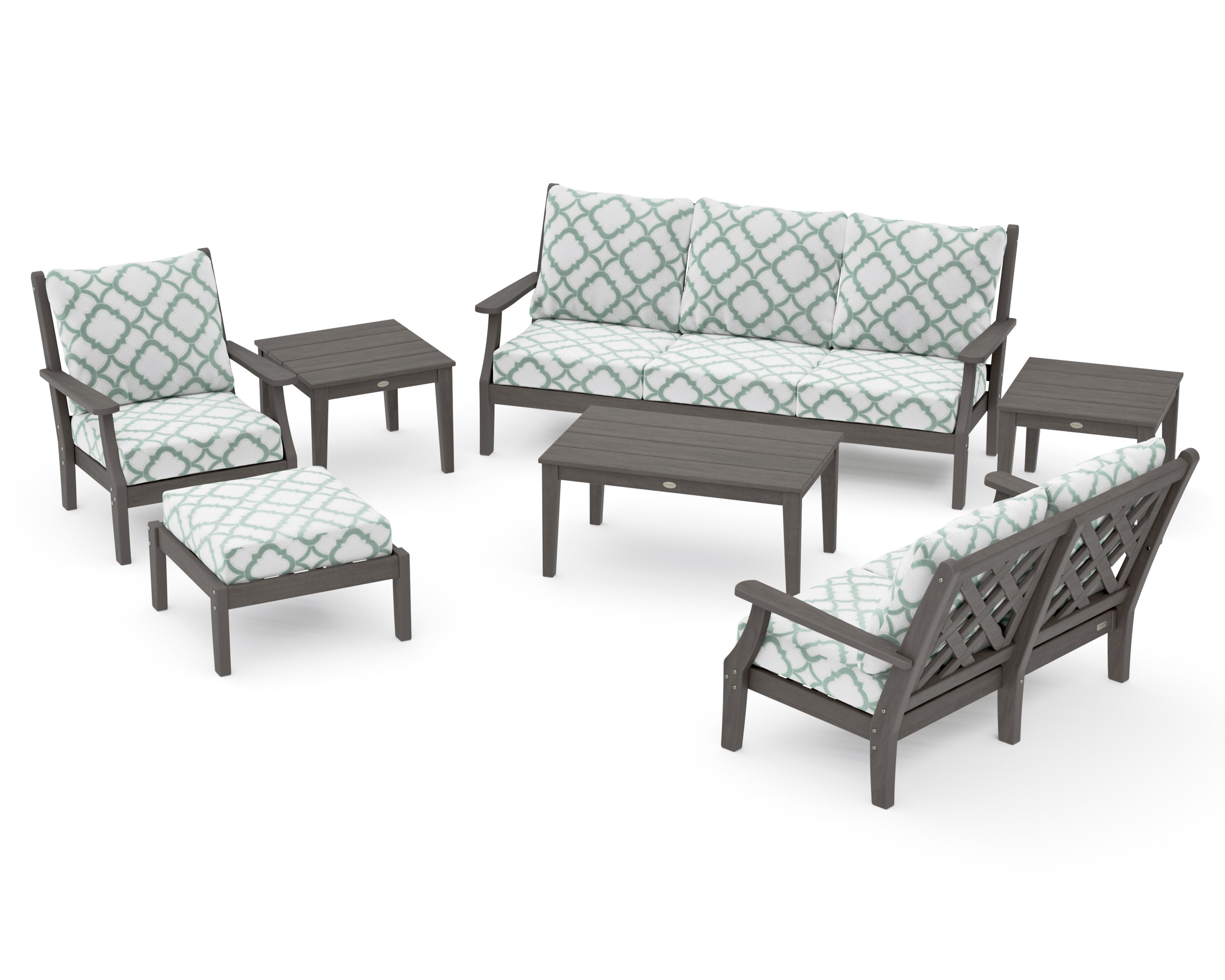 Wovendale 7-Piece Deep Seating Set in Driftwood / Trellis Glacier Spa