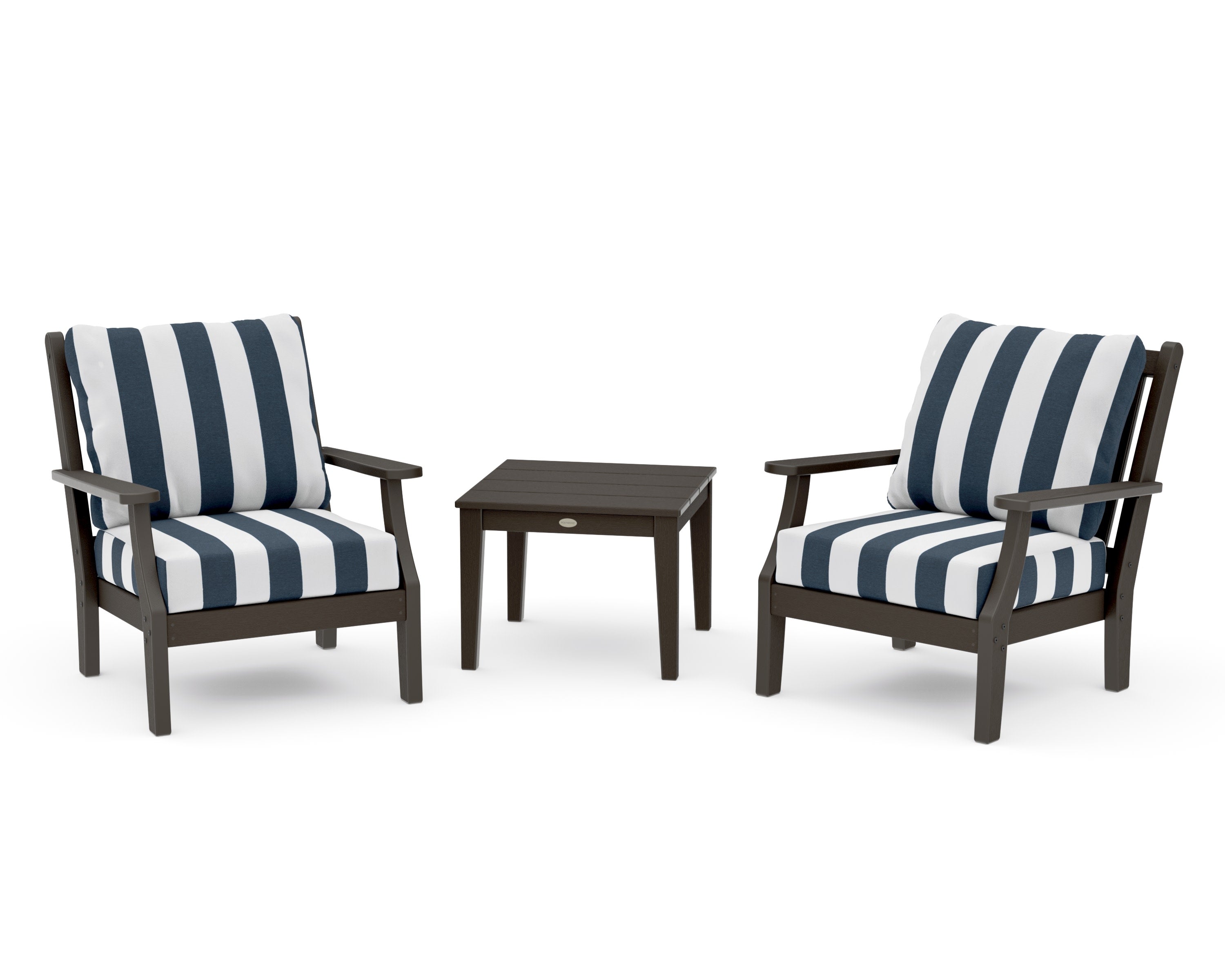 Wovendale 3-Piece Deep Seating Set in Vintage Coffee / Cabana Stripe Marine Indigo