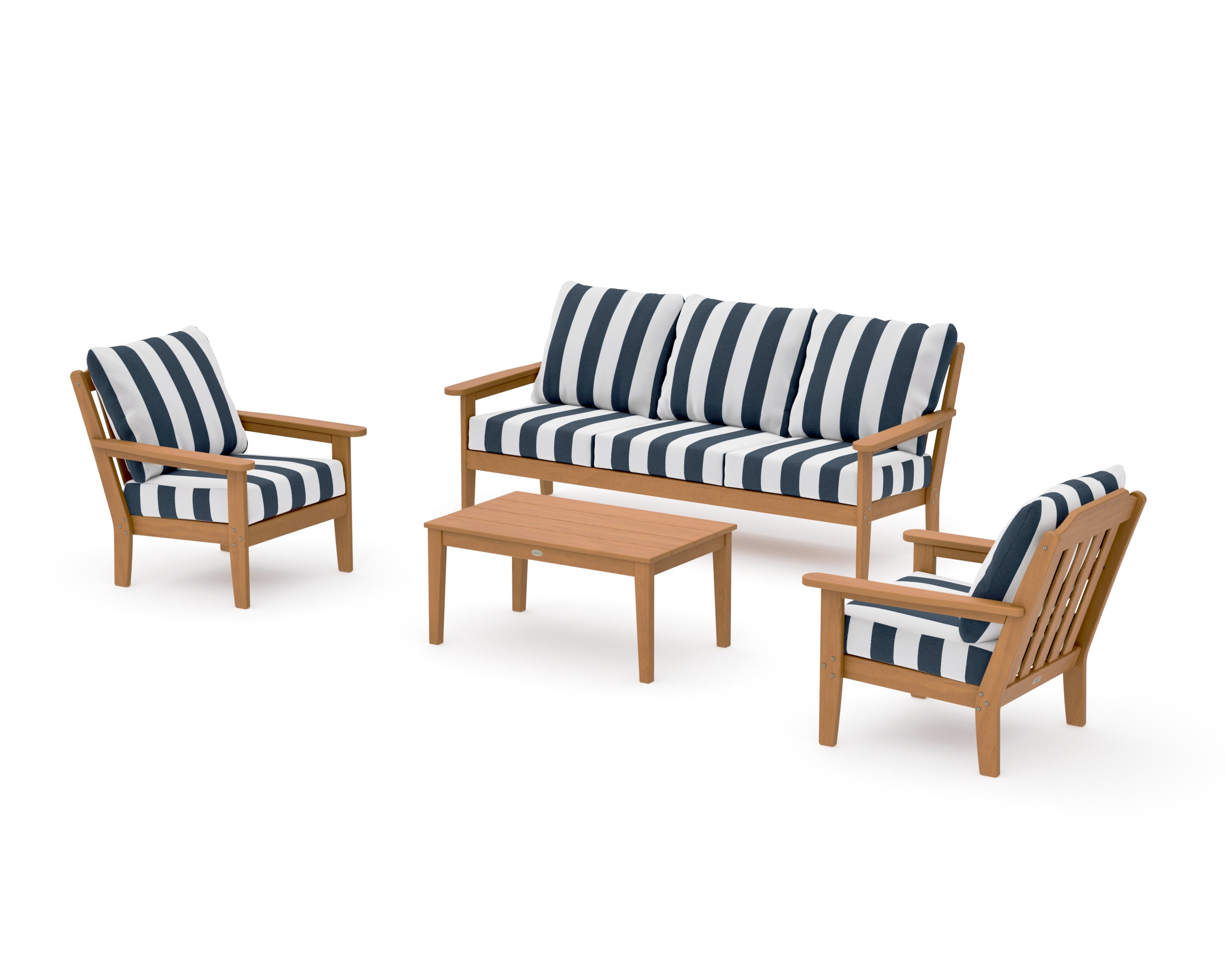 Cottage 4-Piece Deep Seating Set with Sofa in Natural / Cabana Stripe Marine Indigo