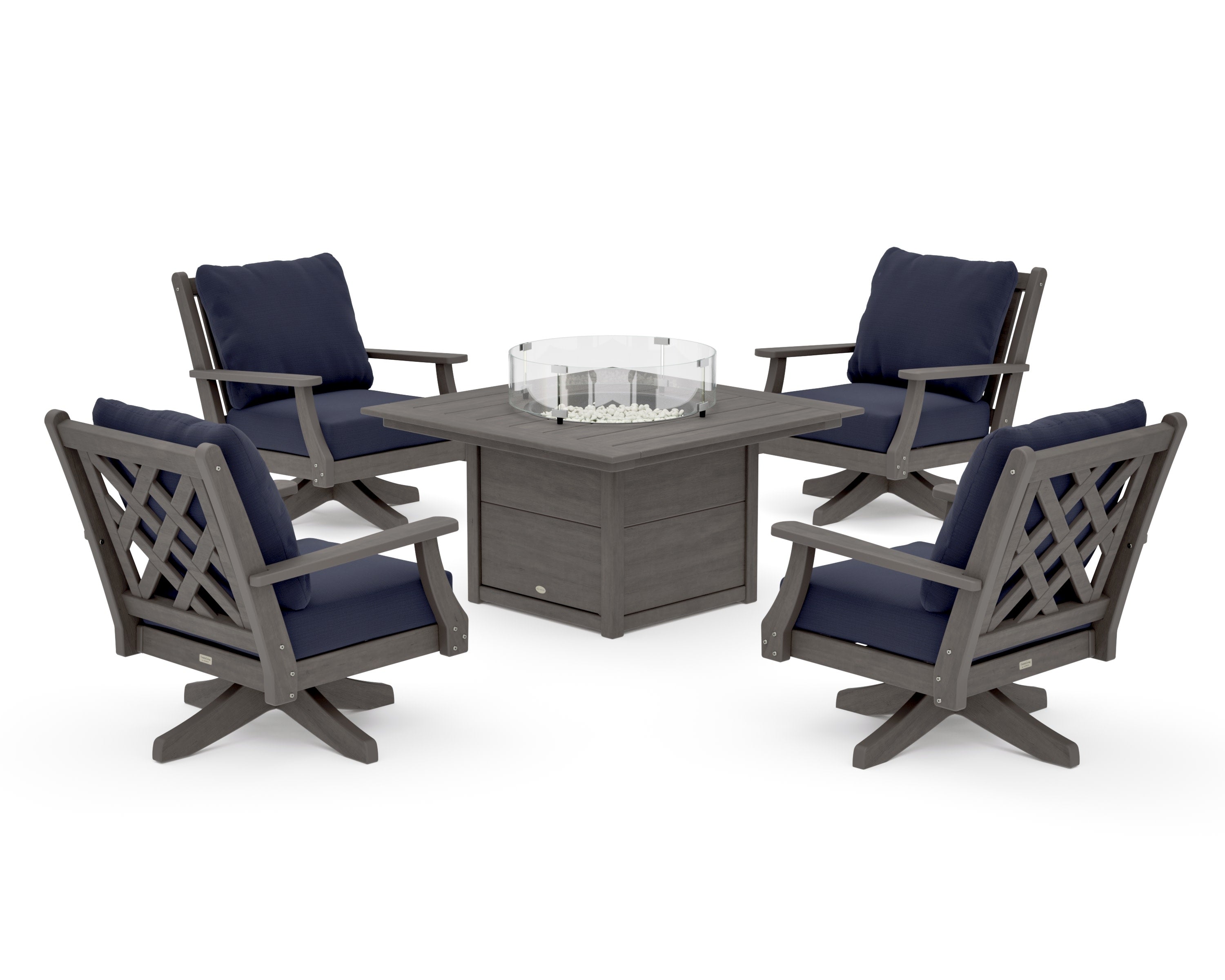 Wovendale 5-Piece Deep Seating Swivel Conversation Set with Fire Pit Table in Driftwood / Navy Linen