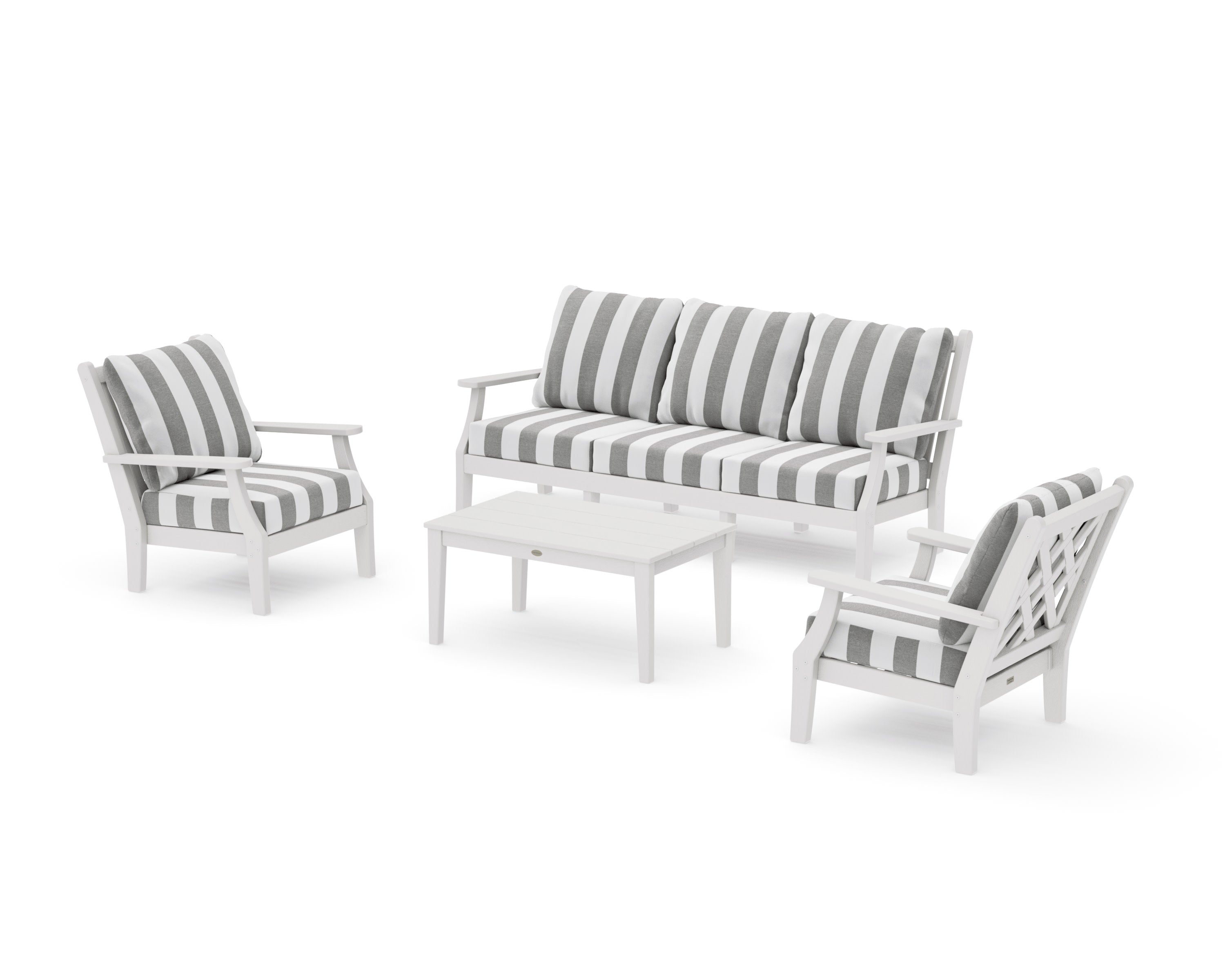Wovendale 4-Piece Deep Seating Set with Sofa in Vintage White / Cabana Stripe Grey Mist