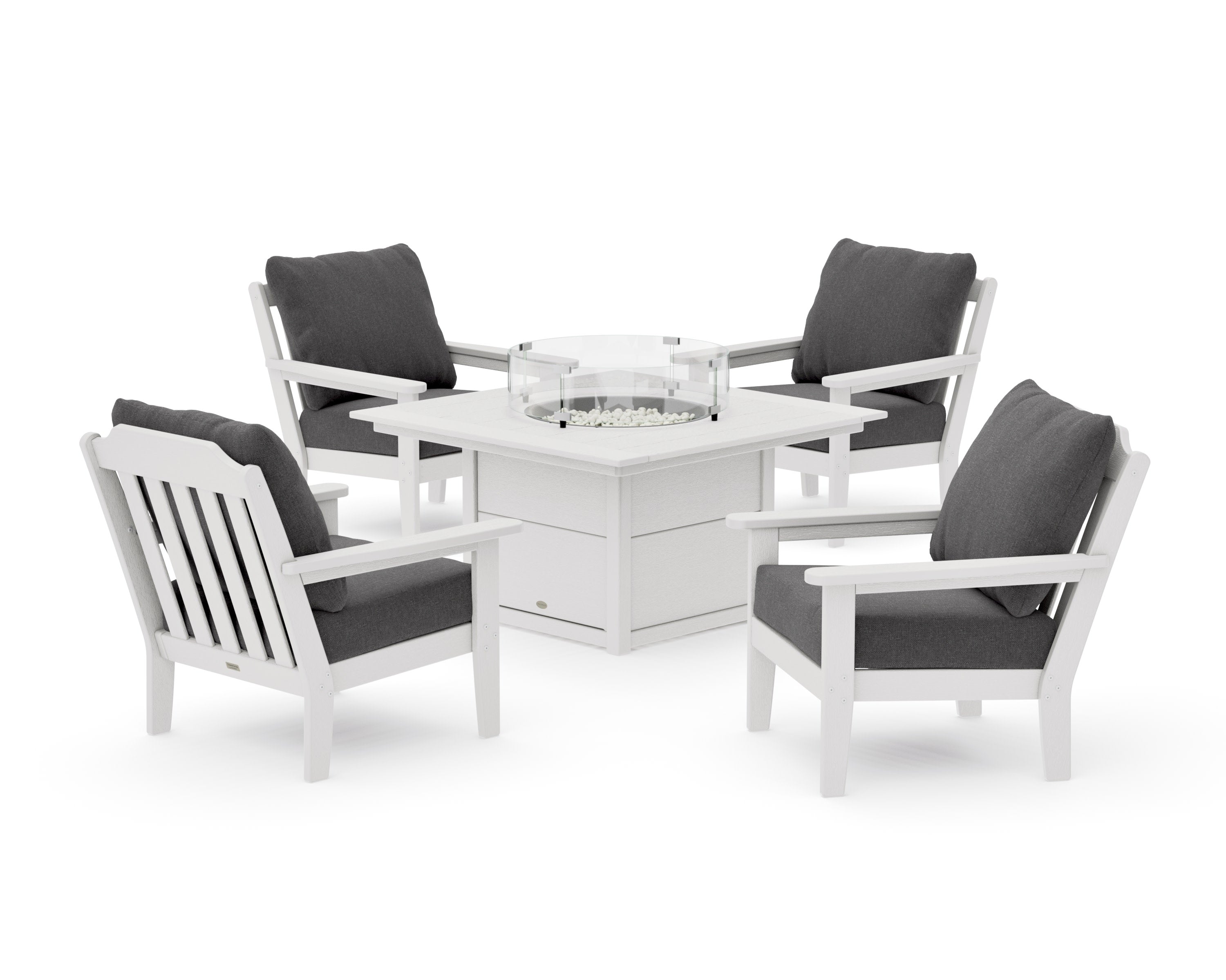 Cottage 5-Piece Deep Seating Set with Fire Pit Table in Vintage White / Ash Charcoal