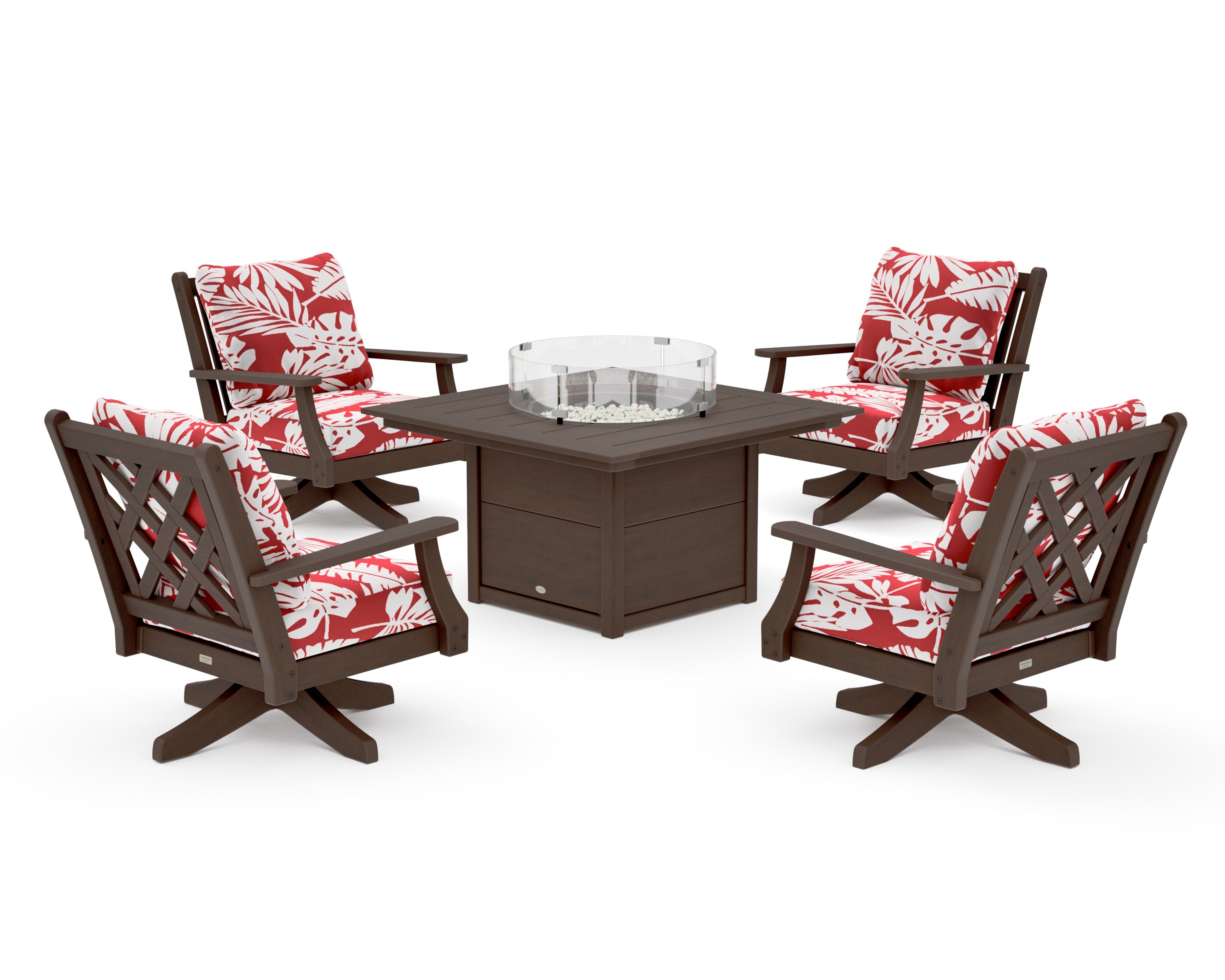 Wovendale 5-Piece Deep Seating Swivel Conversation Set with Fire Pit Table in Kona / Leaf Crimson