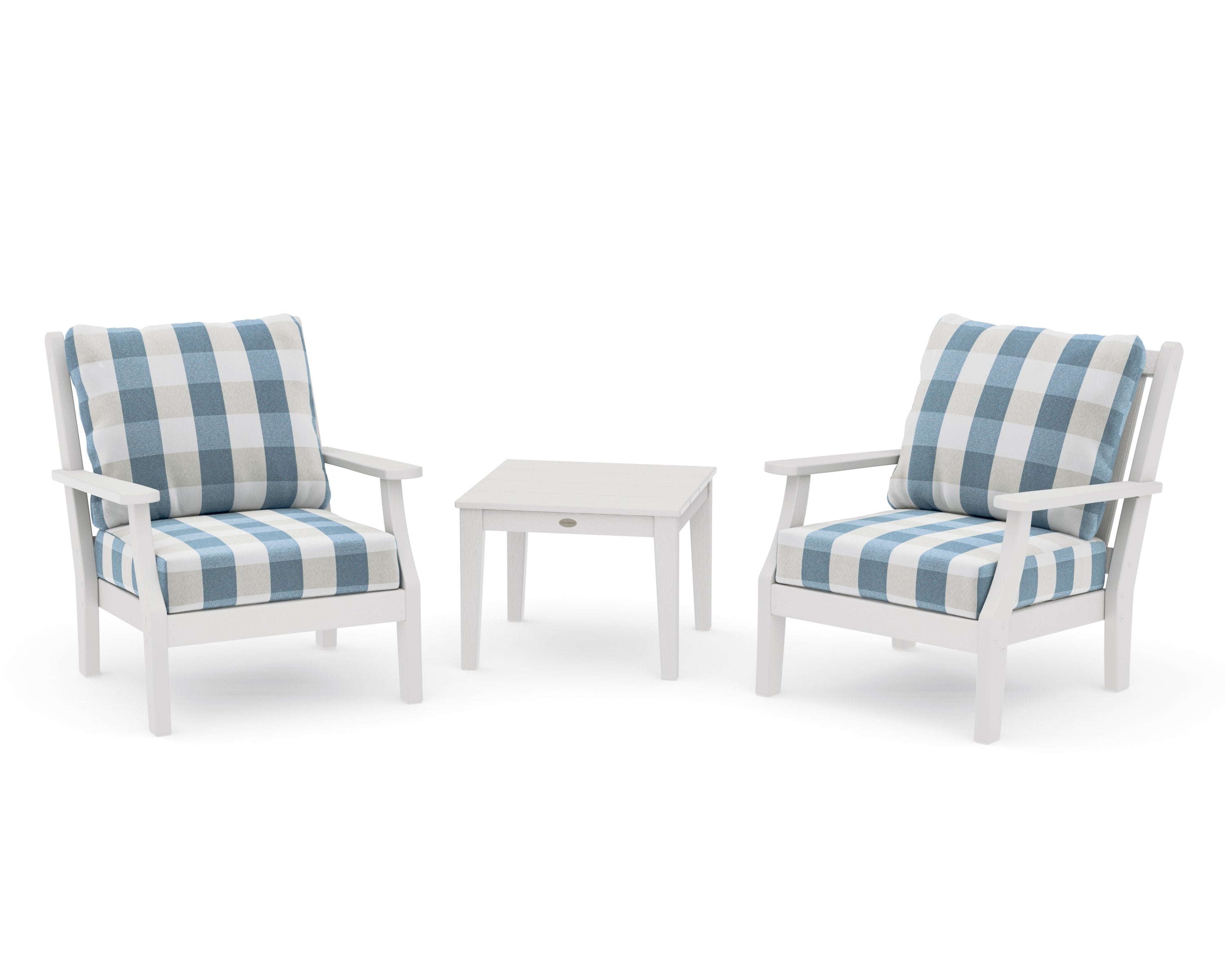 Wovendale 3-Piece Deep Seating Set in Vintage White / Buffalo Plaid Sky Blue